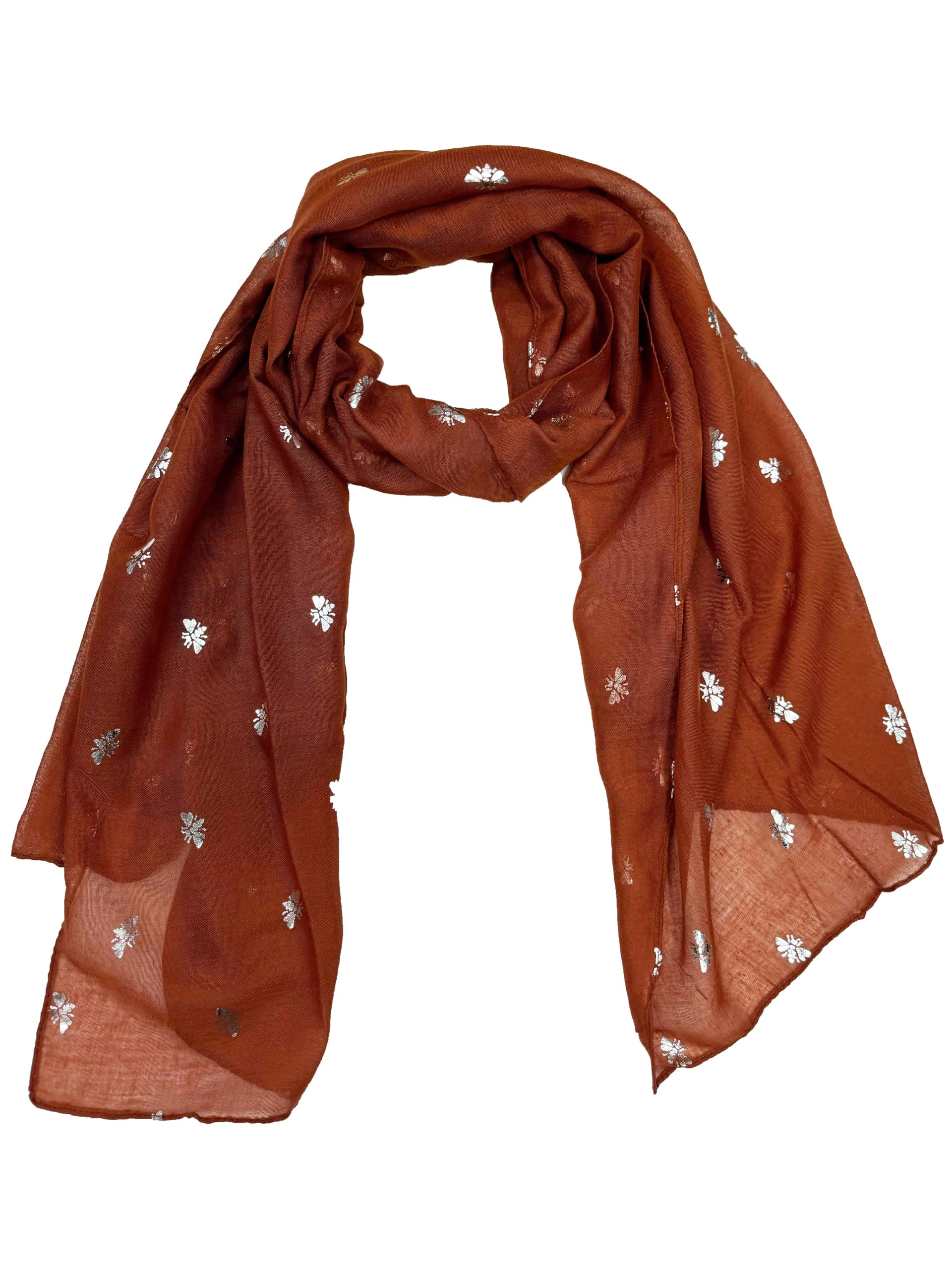 Zac's Alter Ego Women's Rust Scarf With Silver Foil Metallic Glitter Bee Print