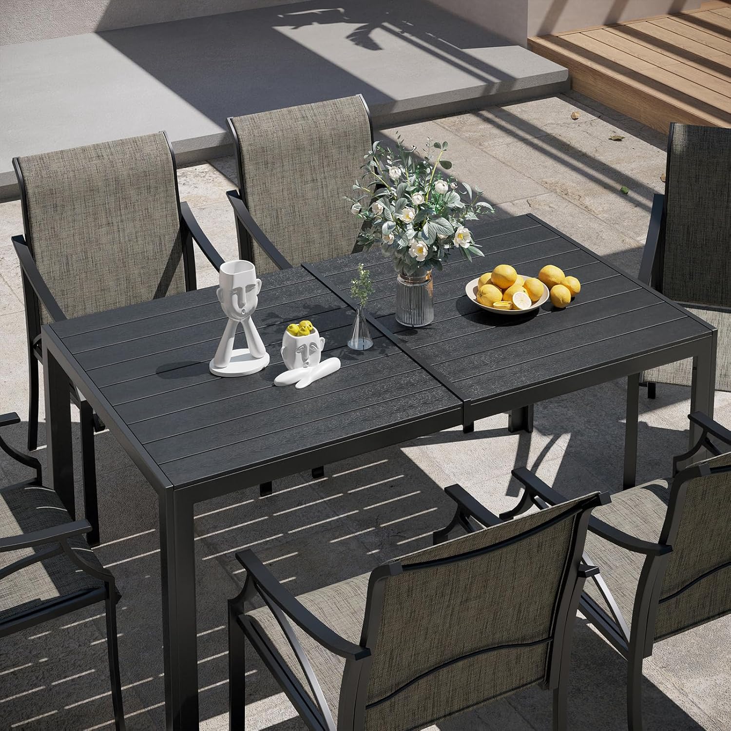 VICLLAX Rectangle Patio Dining Table for 6, All Weather Wood slatted Outdoor Table for Garden, Backyard and Porch, Black
