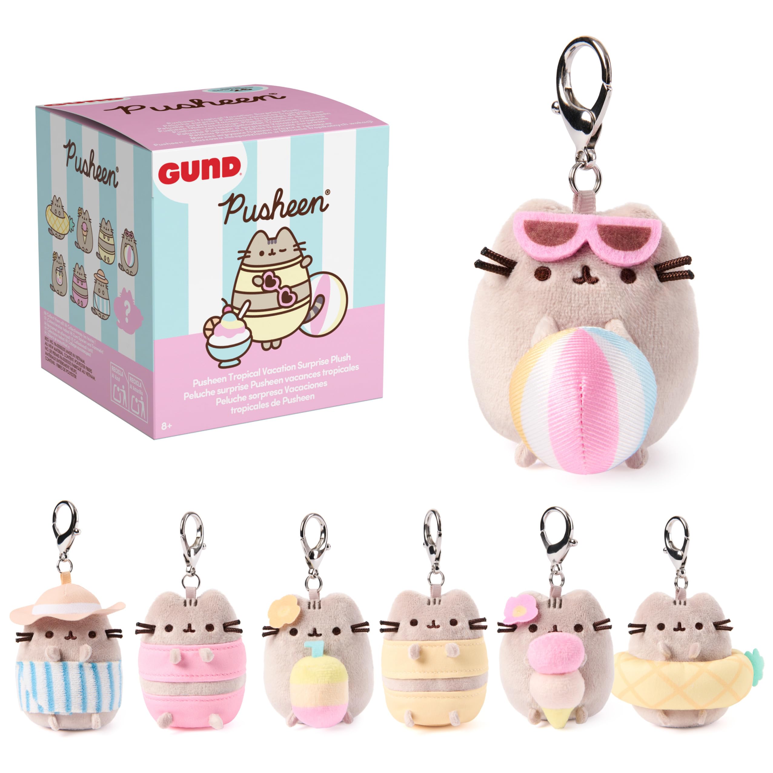Pusheen Tropical Vacation 3-Inch Surprise Plush (UNbox 1 of 8 Styles) | Blind Bag Mystery Unboxing Inspires Fun Beach Roleplay Adventures; Includes One Random 3.5-Inch Stuffed Keychain Bag Charm