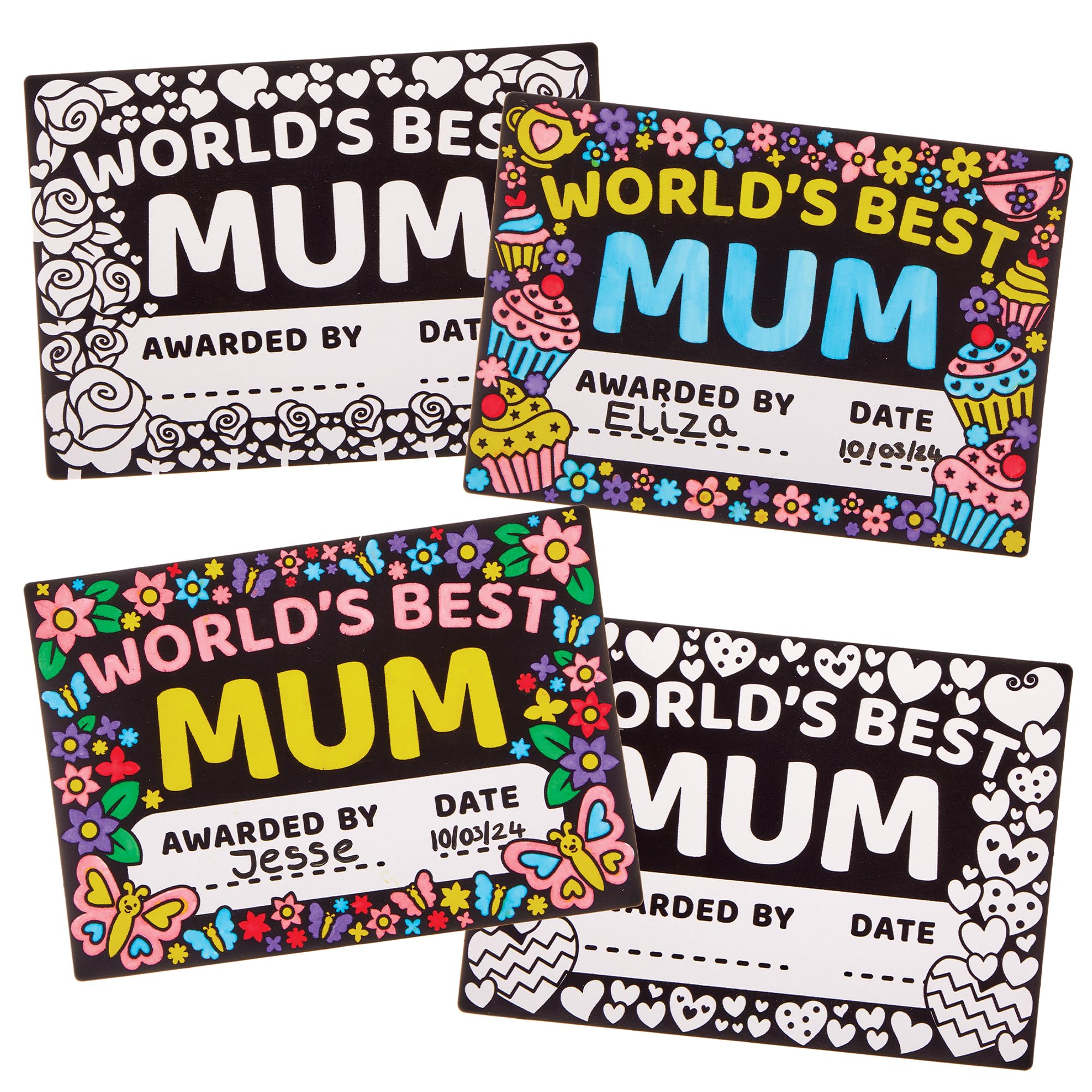 Baker Ross FX952 Mother's Day Colour In Fuzzy Art Certificates - Pack of 8, Mothers Day Gift Craft Kits for Kids