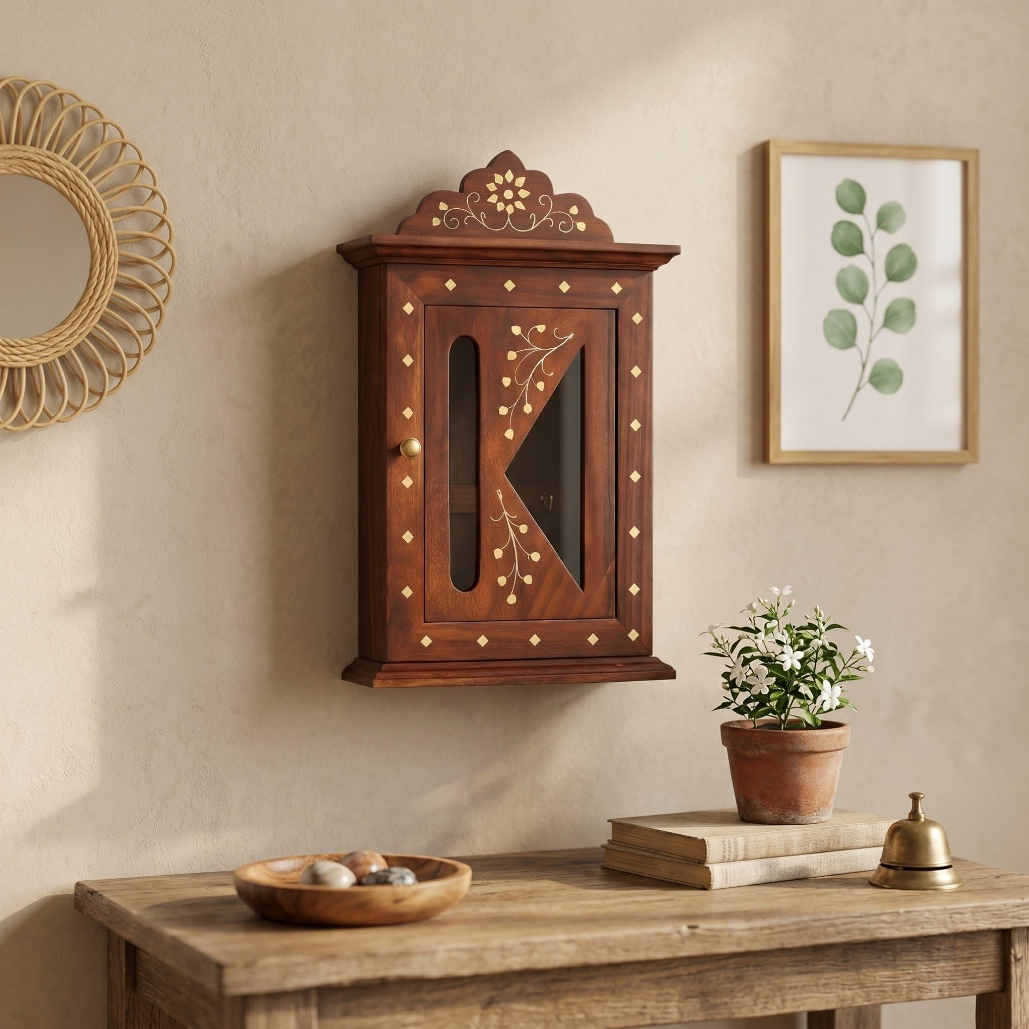Sheesham Wood Wall Mounted Key Holder with Door, 6 Hook Wooden Key Organizer Box with Brass Inlay, Decorative Diagonal Window Design for Home/Office Entryway, 16.5 x 6 x 29 cm-image-10