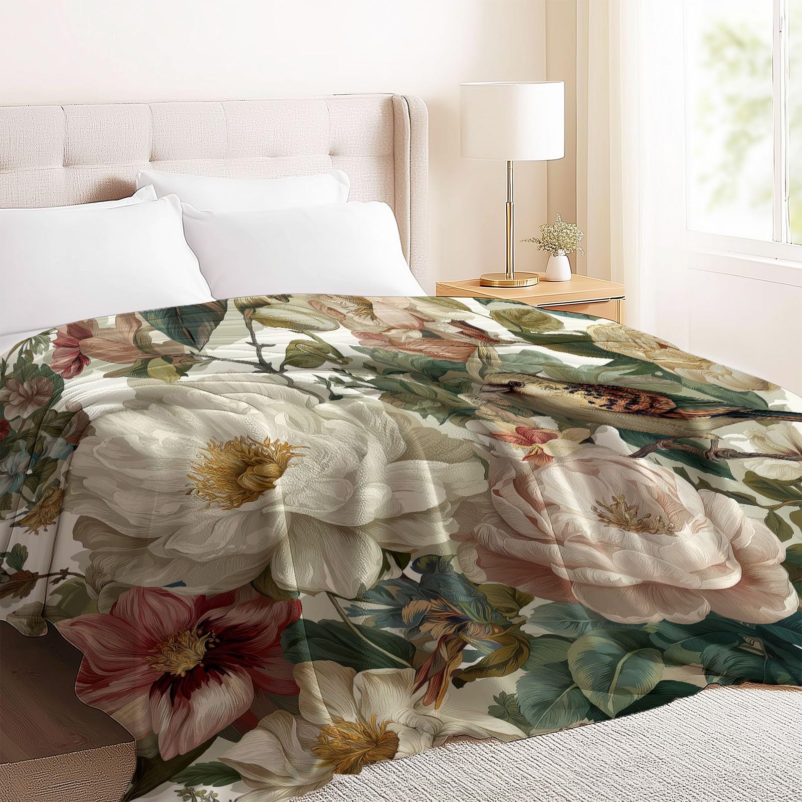 Manta de forro polar de franela, crema suave duradera cálida peluche 200 x 220 cm mantas, vintage plantas enredaderas rosas flores impresión manta franela día de la madre Navidad regalos para mamá