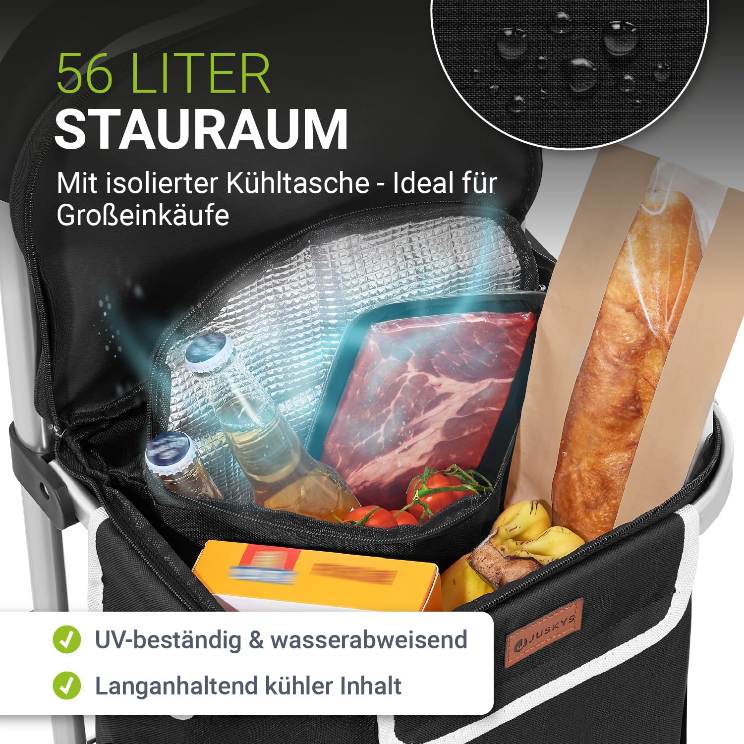 Juskys 3in1 Einkaufstrolley für Treppen - 56 L, modern & klappbar - Treppensteiger Trolley zum Shopping - Sackkarre & Tasche - Trolli Schwarz