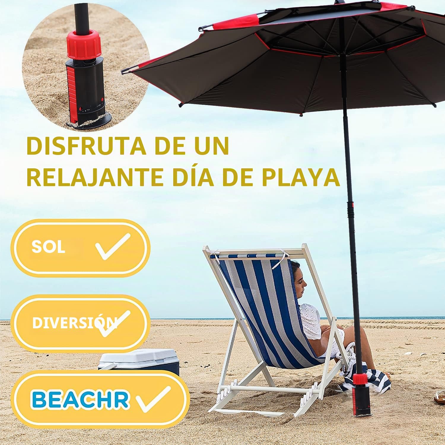 LEcylankEr Base Sombrilla - Pincho Sombrilla Playa con Mango Plegable | Soporte Sombrilla Playa Atornillable con Mango para Playa, Arena, Césped, Suelo, para Postes de 22-32 mm