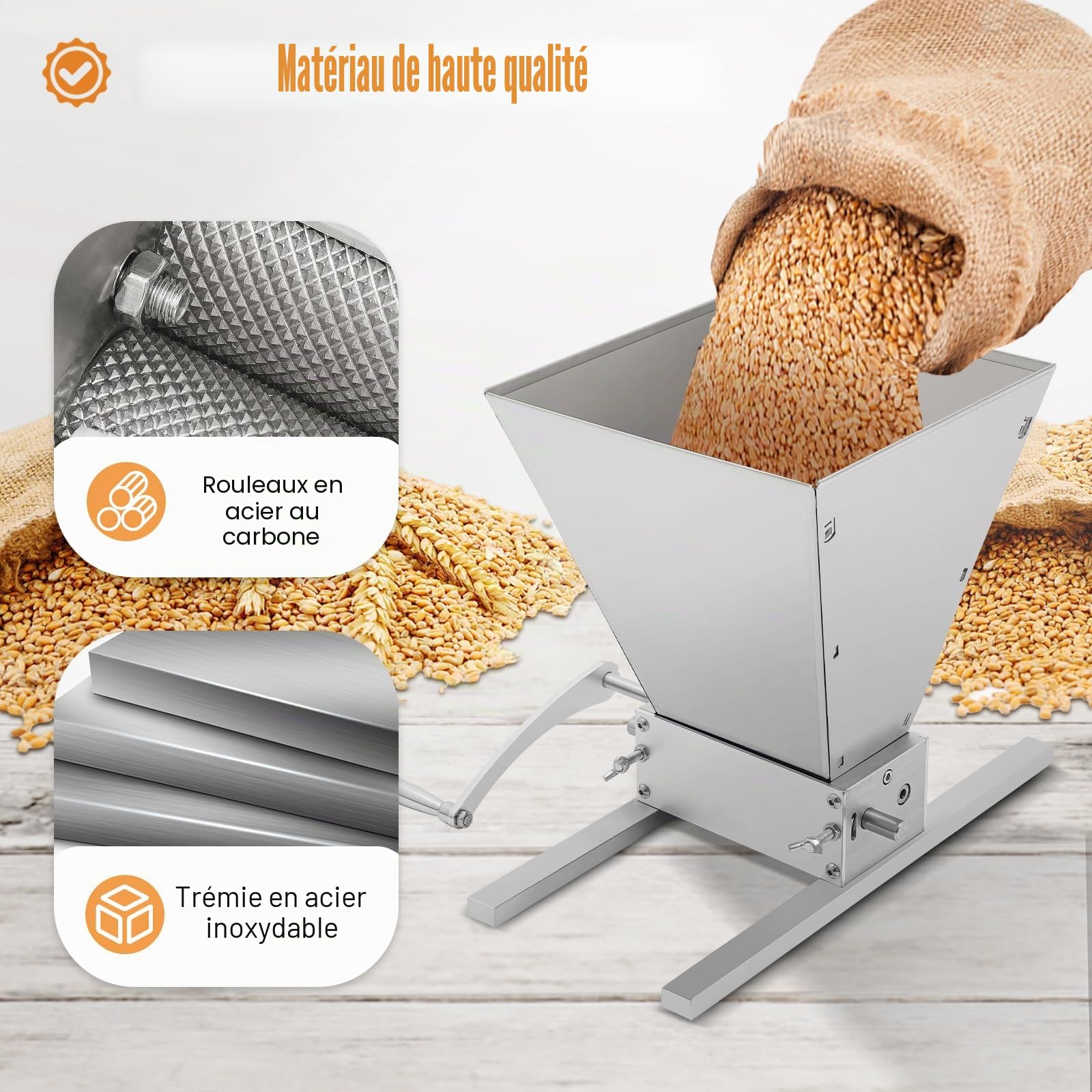 Moulin à céréales professionnel avec puissance de broyage réglable, presse-céréales et moulin à malt pour blé, maïs et aliments pour animaux, broyeur à grains robuste pour la maison, la brasserie et