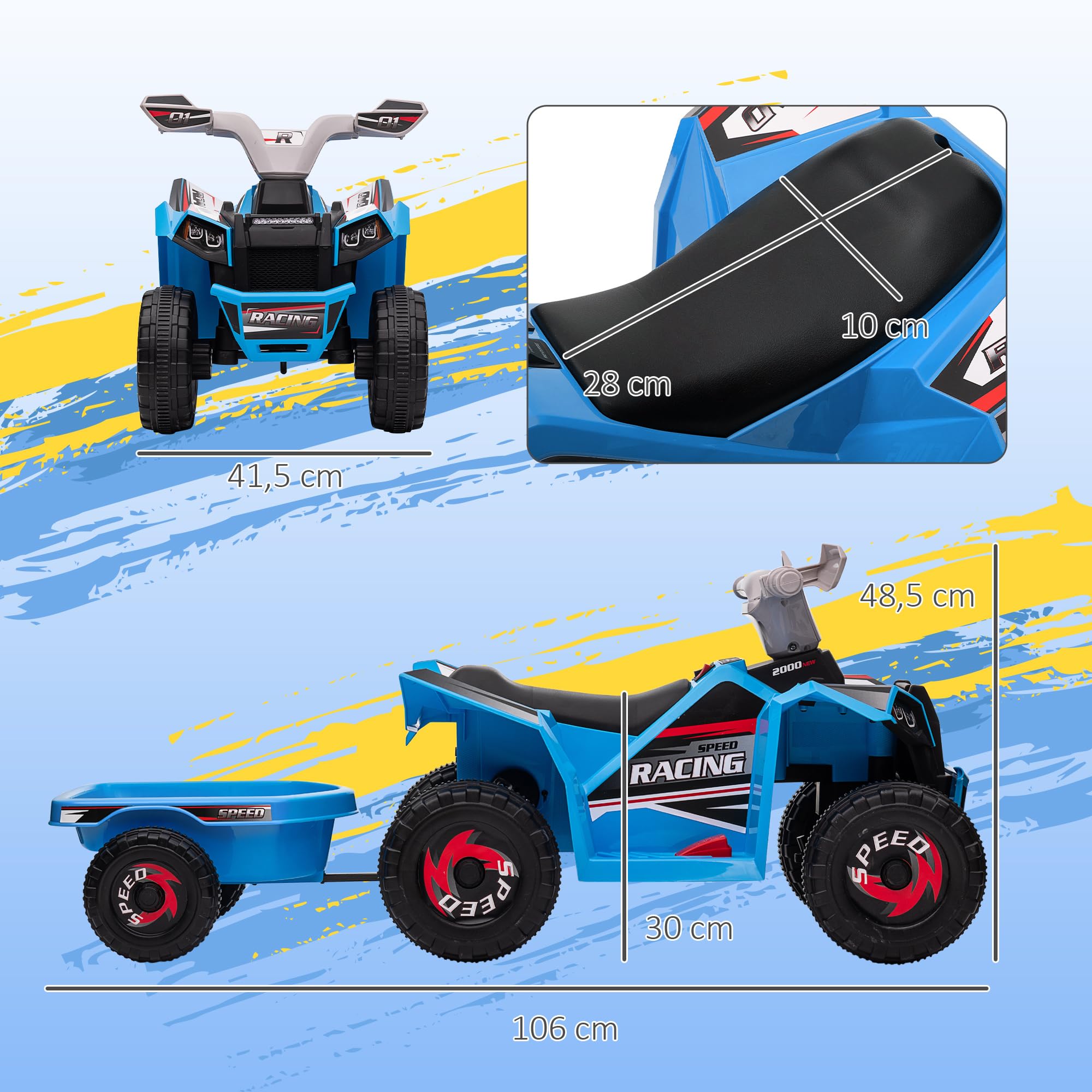 HOMCOM Quad Eléctrico para Niños con Remolque a Batería 6V, Quad para Niños de 18-36 Meses con Velocidad 2,5 km/h, 6 Ruedas y Manillar Antideslizante, 106x41,5x48,5 cm, Azul