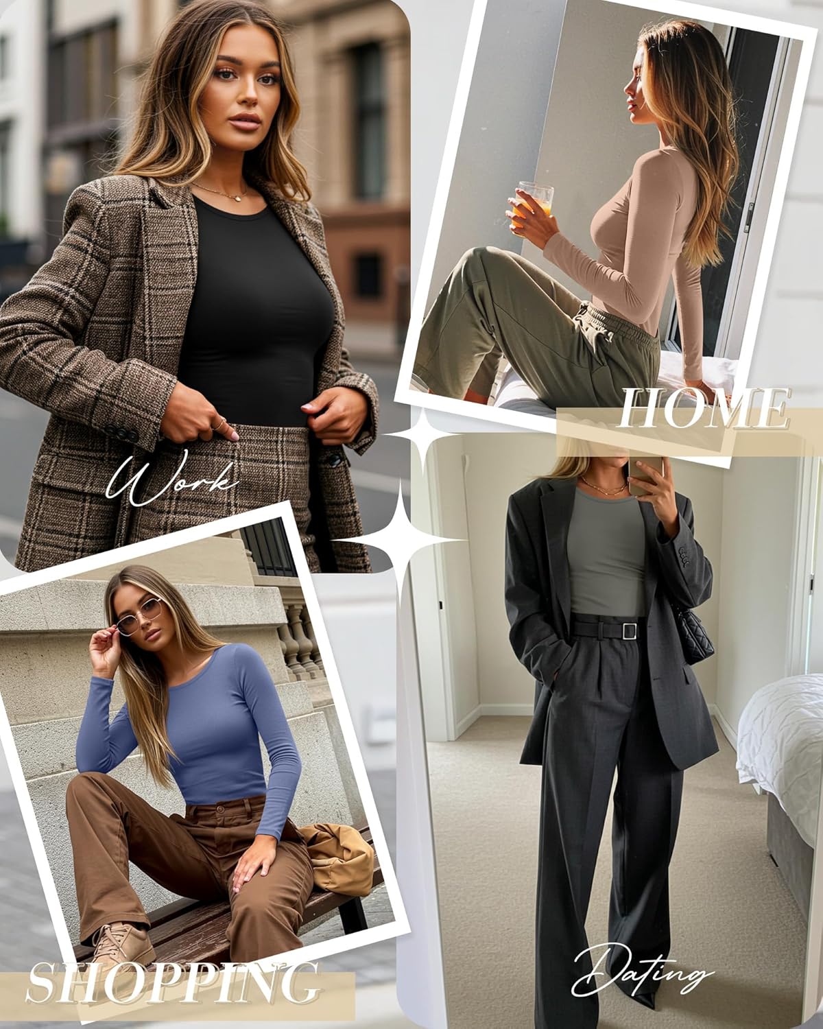 5 Pack Women's Long Sleeve Shirts Scoop Neck Tops Slim Fit Stretchy Undershirts Casual Base Layer Multipack - Image 2