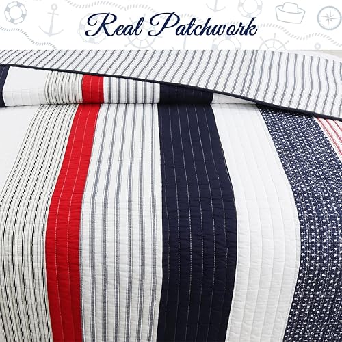 Miniatura 4 de Cozy Line Home Fashions - Juego de ropa de cama acolchada y reversible, 100% algodón, con estrellas y rayas patrióticas, azul marino, rojo, para