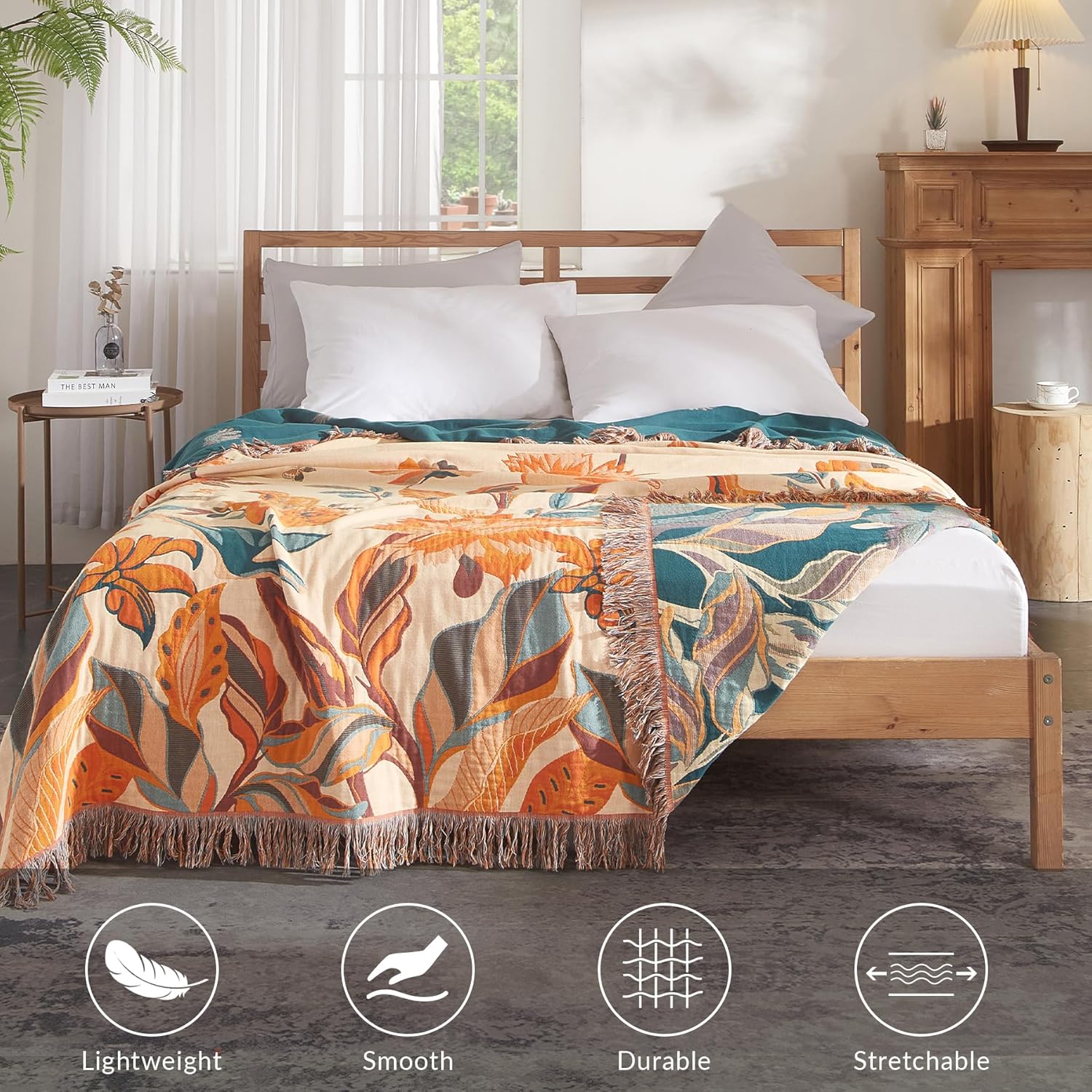 Boho Throw Blanket for Couch Sofa Bed, 100% Cotton Woven Quilt with Tassel 60”x80”, Super Soft Muslin Blanket with Floral Printed, Decorative Reversible Bed Blanket/Cover for All Seasons - Image 5