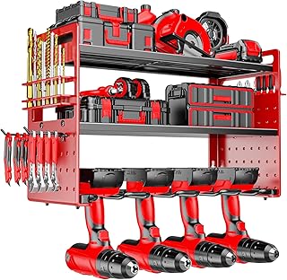 FaloStwer Modular Power Tool Organizer Wall Mount, Garage Drill Storage Shelf with Hooks, Heavy Duty Metal Premium Garage Tool Shelf, Gift for Man Cordless Tool Storage Rack (Red)