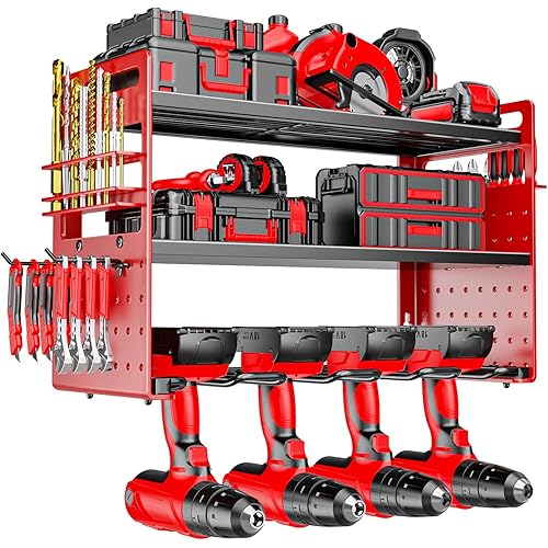 Modular Power Tool Organizer Wall Mount, Garage Drill Storage Shelf with Hooks, Heavy Duty Metal Premium Garage Tool Shelf, Gift for Man Cordless Tool Storage Rack (Red)