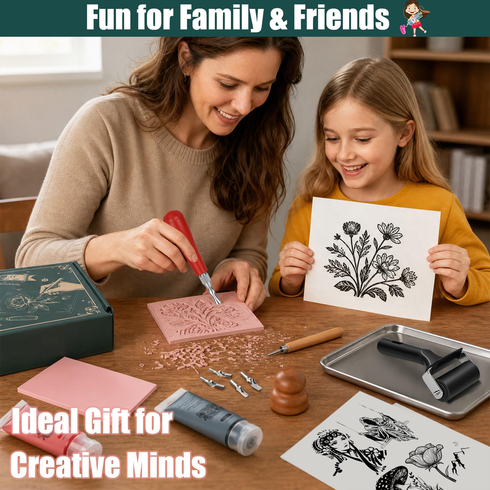 50er/set Lino-Schneid und Druckset, Blockdruck Set mit Tinte für Einsteiger