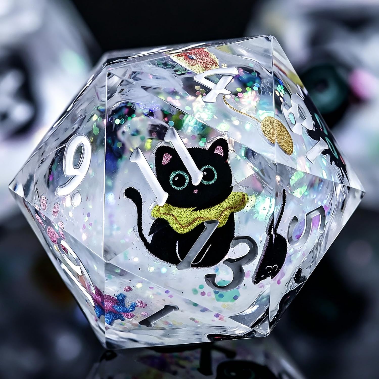 WizardsAracanum Cat Liquid Quicksand DND Dice Set Resin 7Pcs Dice DND with an Iron Box for DND COC Role Playing dice Games and Board Games Gift (Glitter Rainbow Cat)