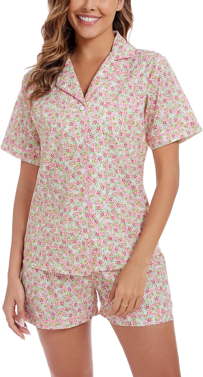 LUBOT 100% Cotton Pajamas for Women 2 Piece PJ Set Woven Poplin Ladies Button Down Short Sleeve Summer Sleepwear S-XXL