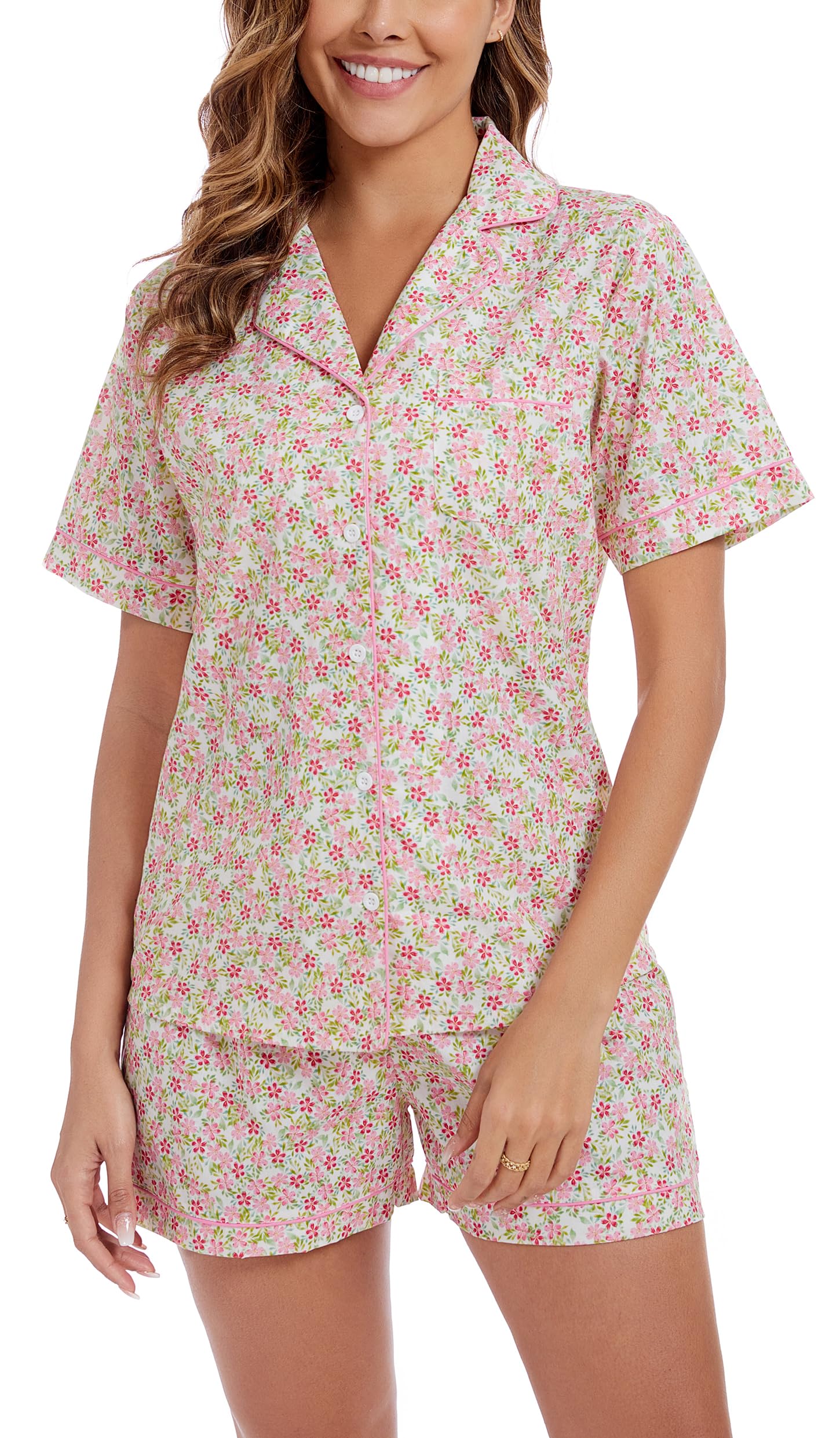 LUBOT 100% Cotton Women's Pajamas Set Button-Down Two-piece PJ Set Short Sleeve Printed Patterned Summer Sleepwear Loungewear (Red Floral, M)