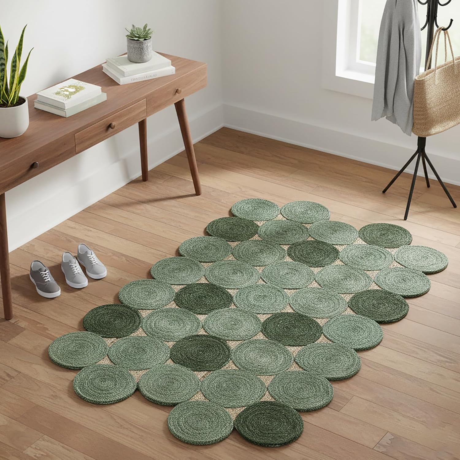 Jute Scalloped Rug 12x15 Indian Jute Hand Woven Area Rugs Thick 0.27" Geometric Green & Beige Rugs for Kids Room Bedroom Dining Table Area Decorative Floor Carpet