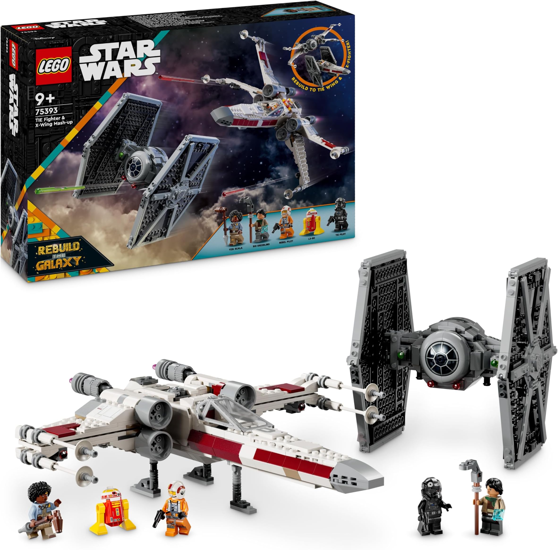 Star Wars 75393 TIE Fighter & X-Wing Mash-up - Building Toy with 2 Starships, 4 Minifigures and a Droid Figure, Creative Gift for 9+ Year Old Boys and Fans