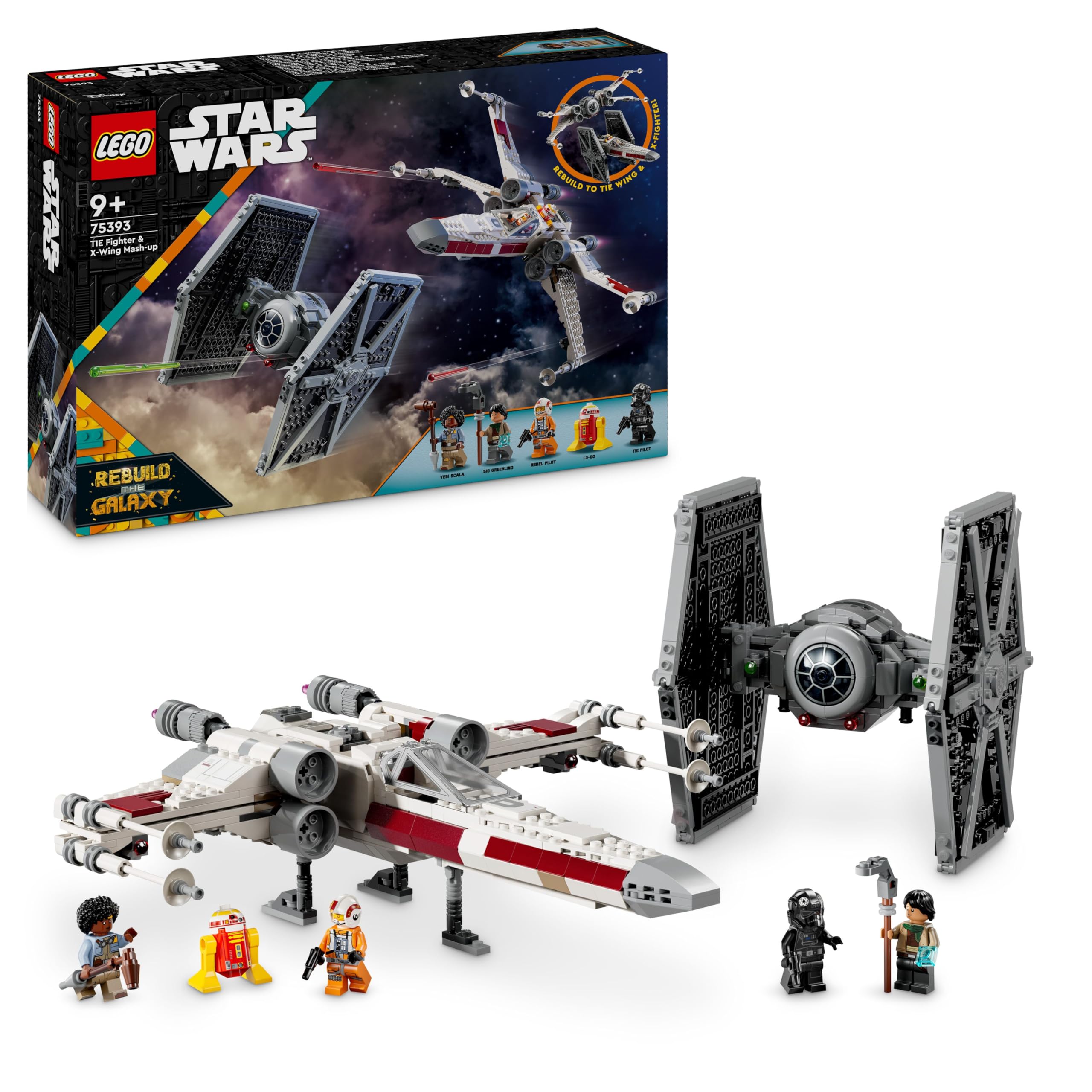 Star Wars 75393 TIE Fighter & X-Wing Mash-up - Building Toy with 2 Starships, 4 Minifigures and a Droid Figure, Creative Gift for 9+ Year Old Boys and Fans