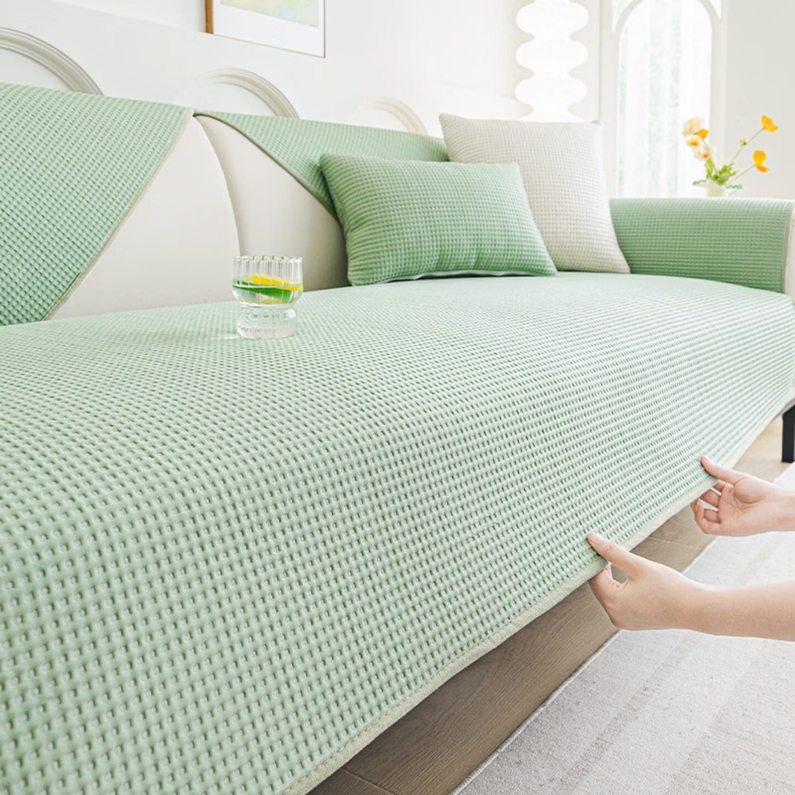 Funda Sofa Universal Cubre Canape Sofa Cover, Funda De Sofá Verano Refrescante Antideslizante, Capa Sofá Con Textura SóLida, Lavable Y Protectora Para 1 2 3 4 Plazas Asientos (White,110x180cm)