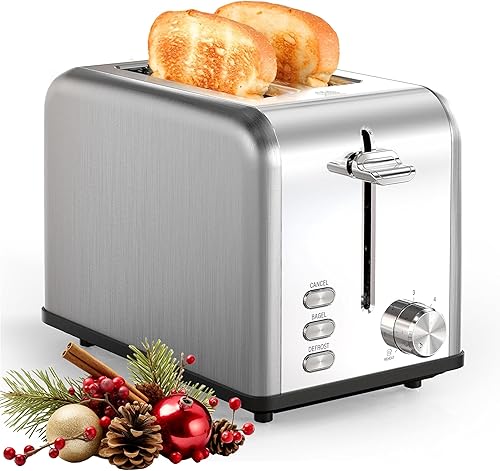 YSSOA Tostadora de 2 rebanadas con 6 ajustes de tostado y 3 funciones, ranura extra ancha y bandeja extraíble para migas, estilo retro de acero