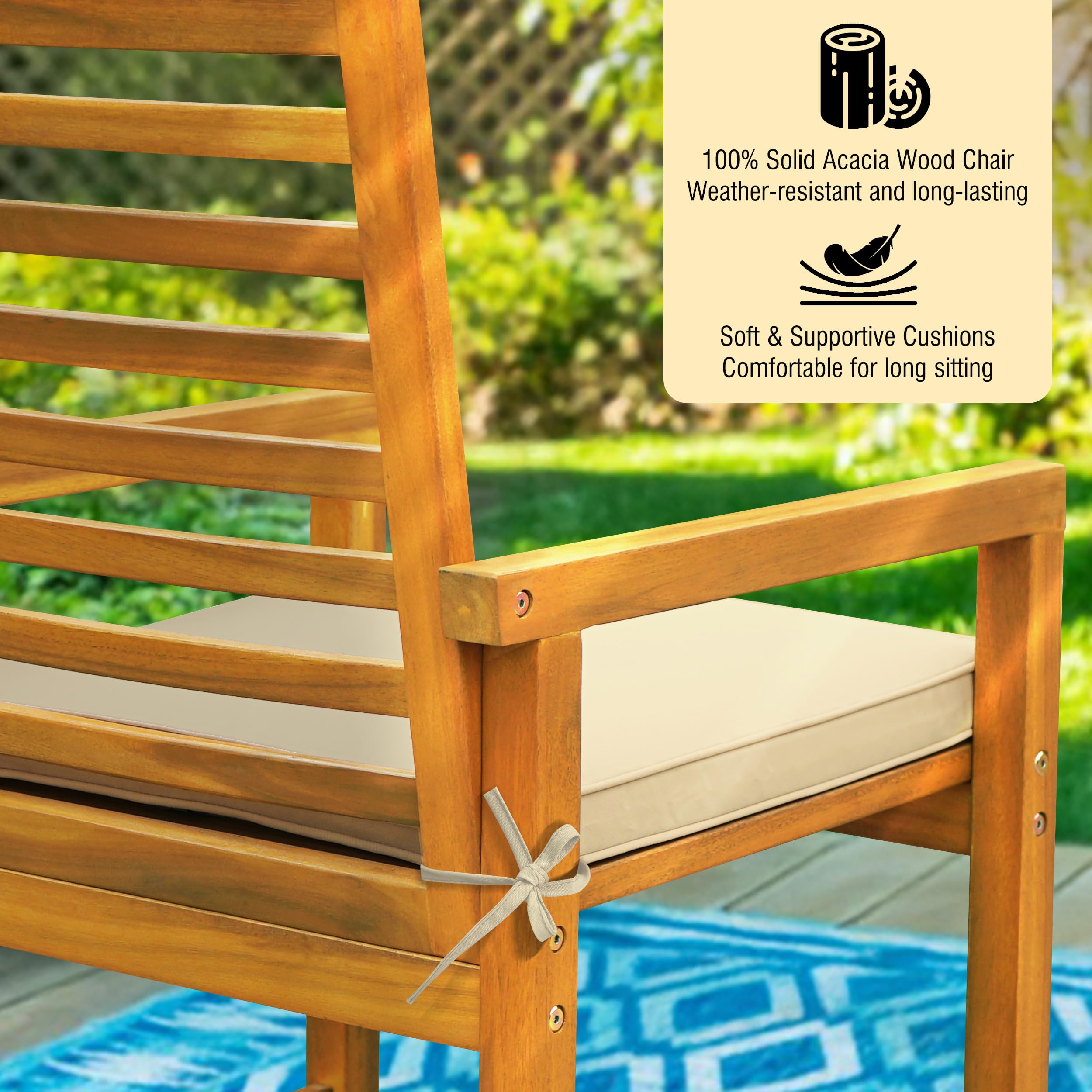 Solara - Juego de 2 sillas de madera de acacia para exteriores con cojines, capacidad de 500 libras, sillones de madera resistentes a la intemperie, sillas de jardín y terraza de madera 6