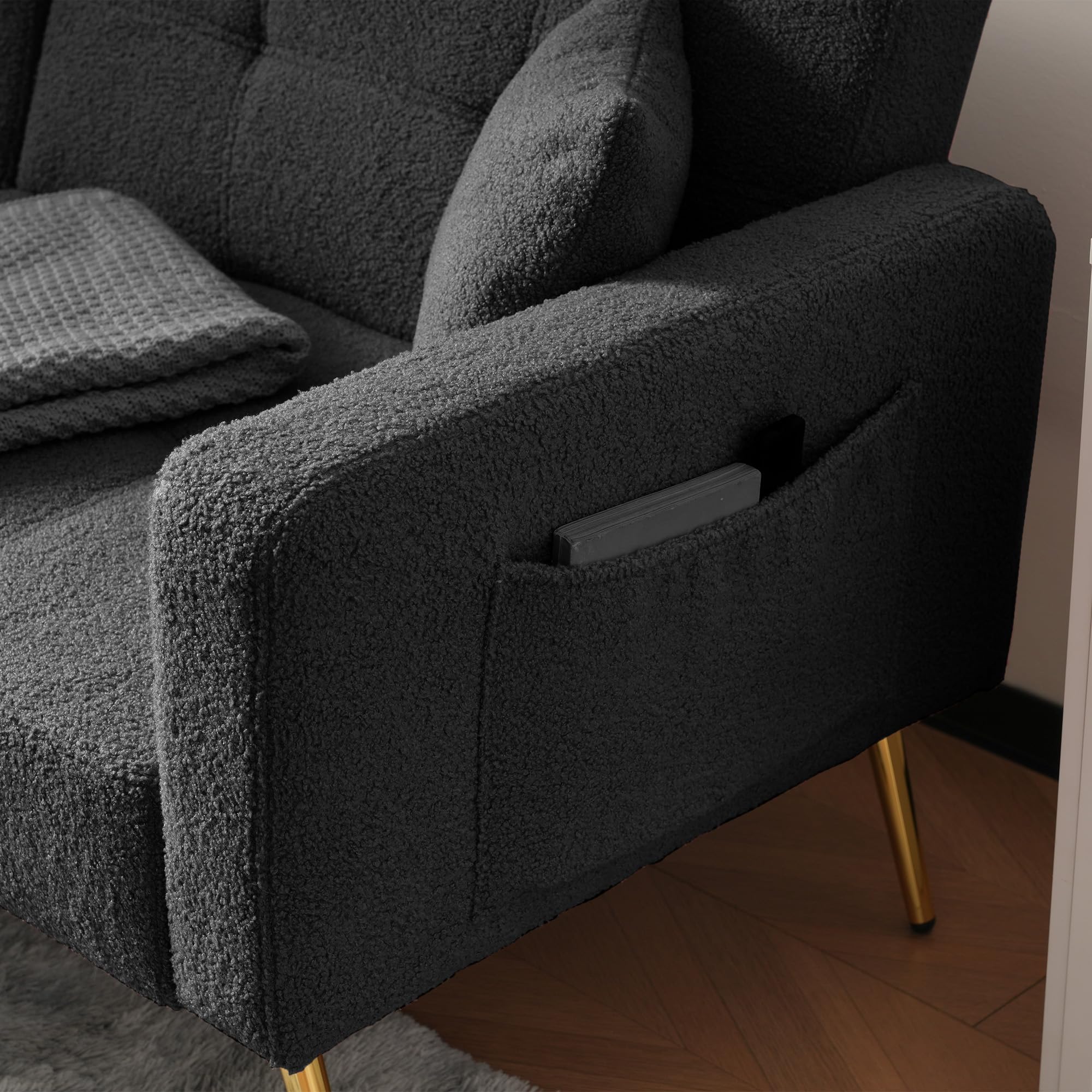 Kebnor Sofá cama con función de cama, ángulo ajustable, patas doradas, con cojines y bolsillos laterales de almacenamiento (gris oscuro)