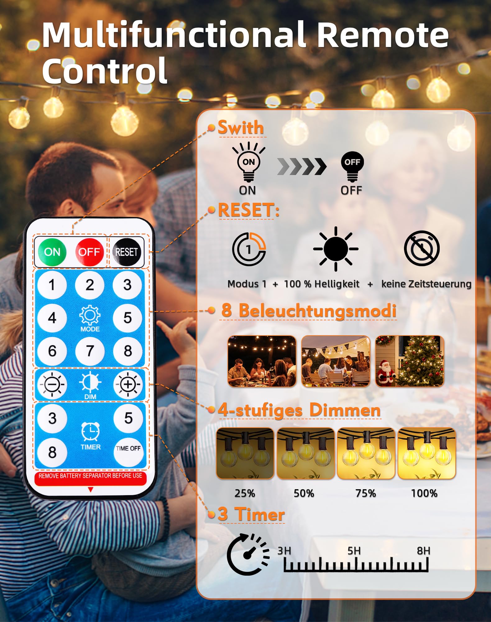 Lichterkette Außen Solar 18M 30+4 LED Glühbirnen Lichterkette Outdoor mit 3600mAh Akku, IP44 Wasserdicht, 8 Modi, Fernbedienung &Timer, Solarlichterkette für Garten, Balkon, Terrasse, Hochzeit