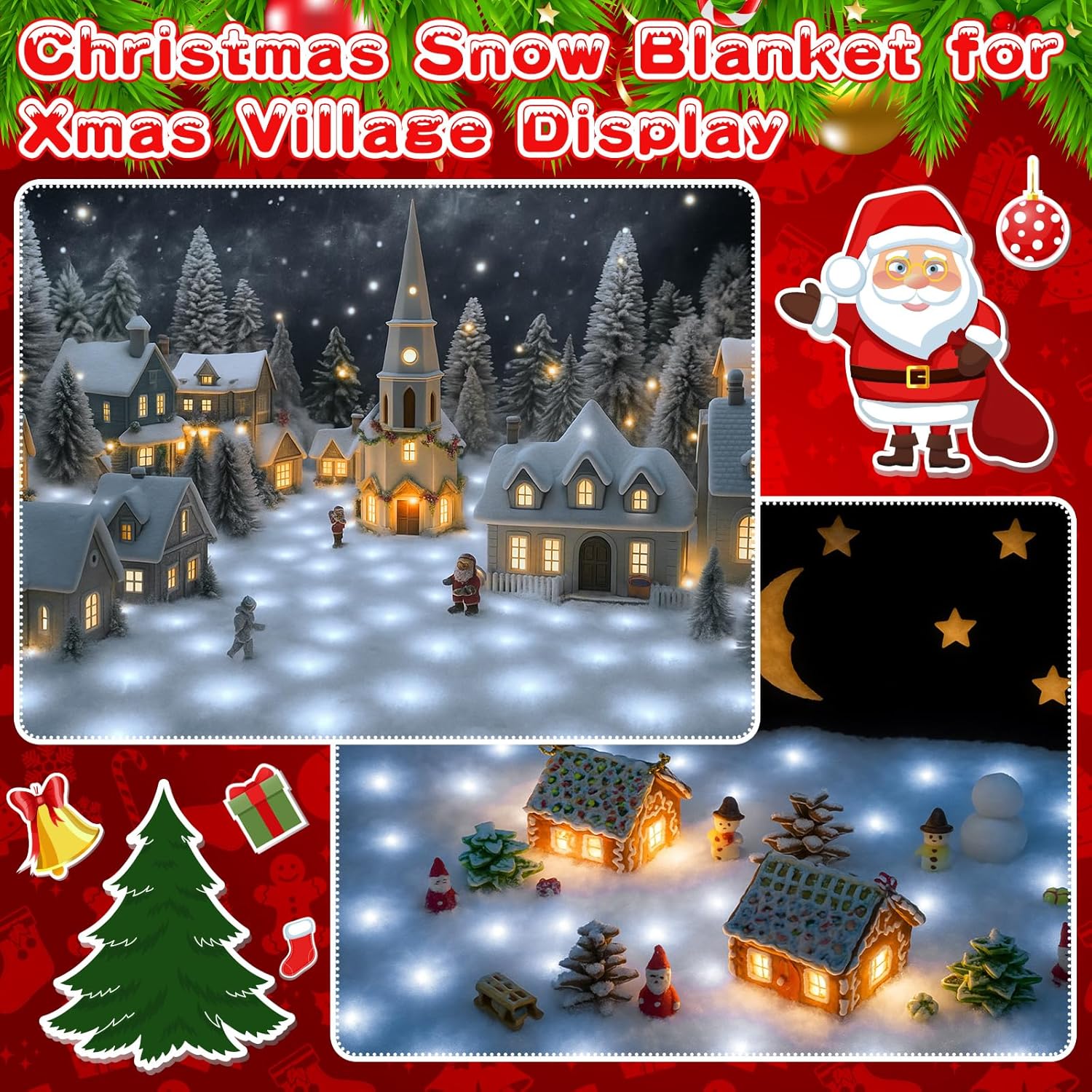 VIHOSE Christmas Snow Blanket with LED Lights String Pre Lit Artificial Fake Snow Blanket Roll Lighted Table Runner for Christmas Tree Village Display Winter Holiday Decor (White Light,94'' X 24'')