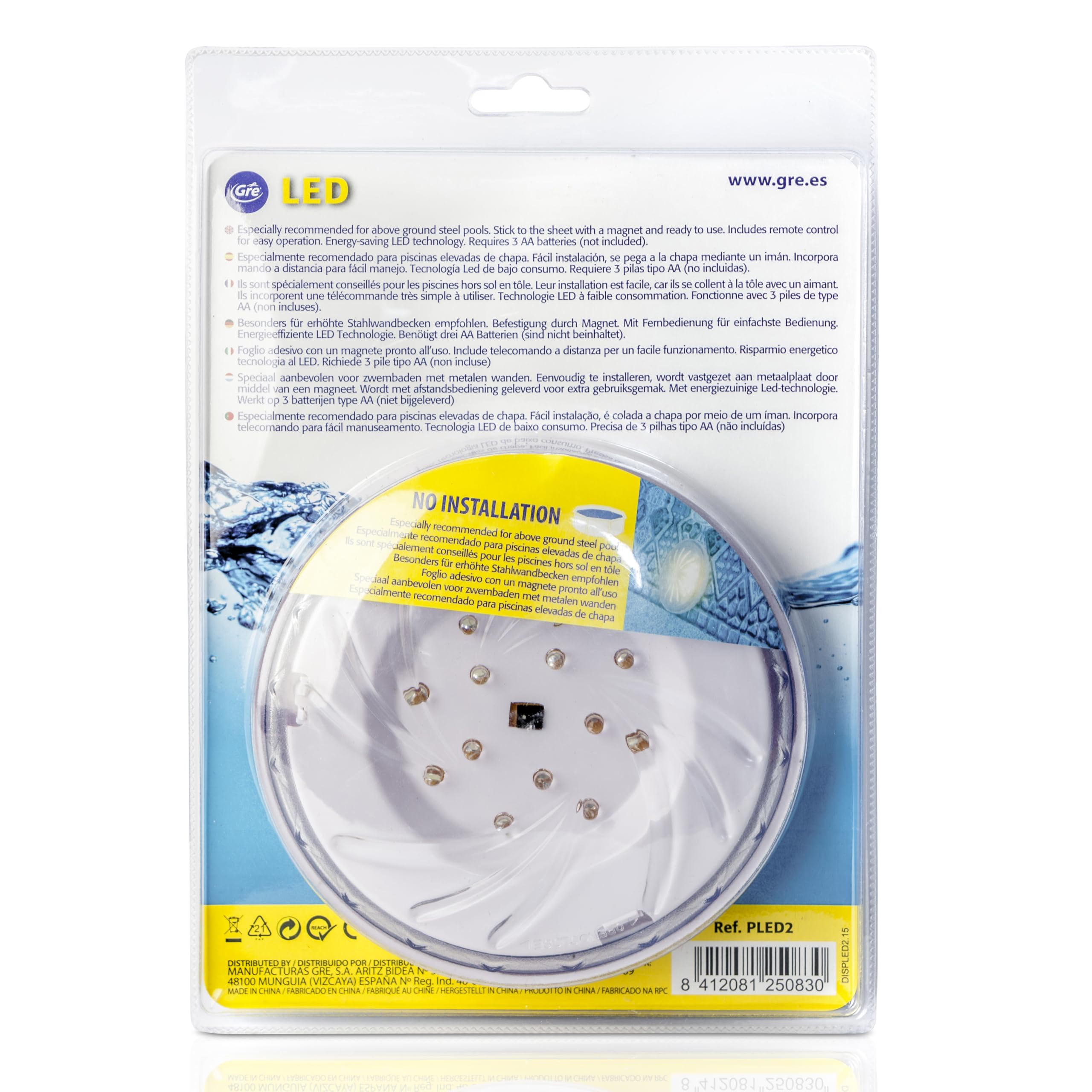 Gre PLED2 - Iluminación para Piscina. Conjunto de Dos Proyectores Led Blanco para Piscina Elevada de Acero, 8W. Luz para Piscinas