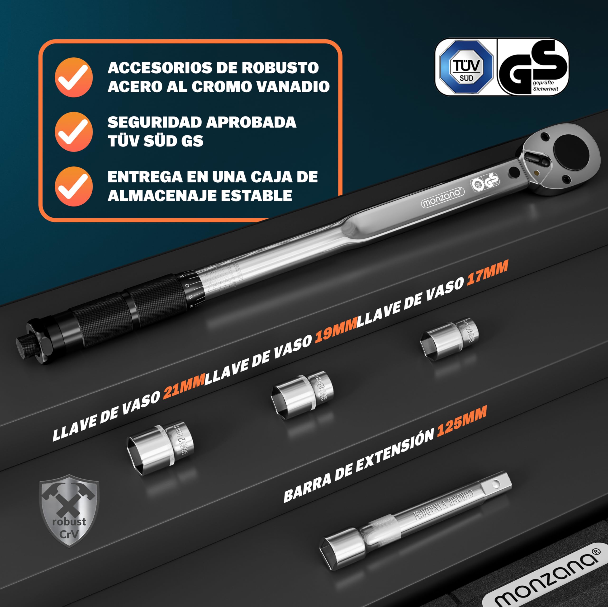 Monzana Llave Dinamométrica 1/2 Certificado TÜV Süd GS 40-210Nm