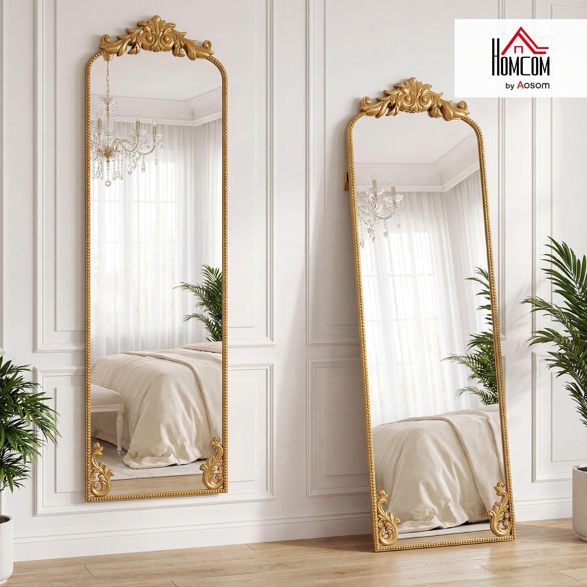 HOMCOM Specchio da Terra Stile Barocco 50x160 cm Parete Autoportante Oro | Figura Intera, Cornice in Metallo, Camera da Letto, Soggiorno, Ingresso