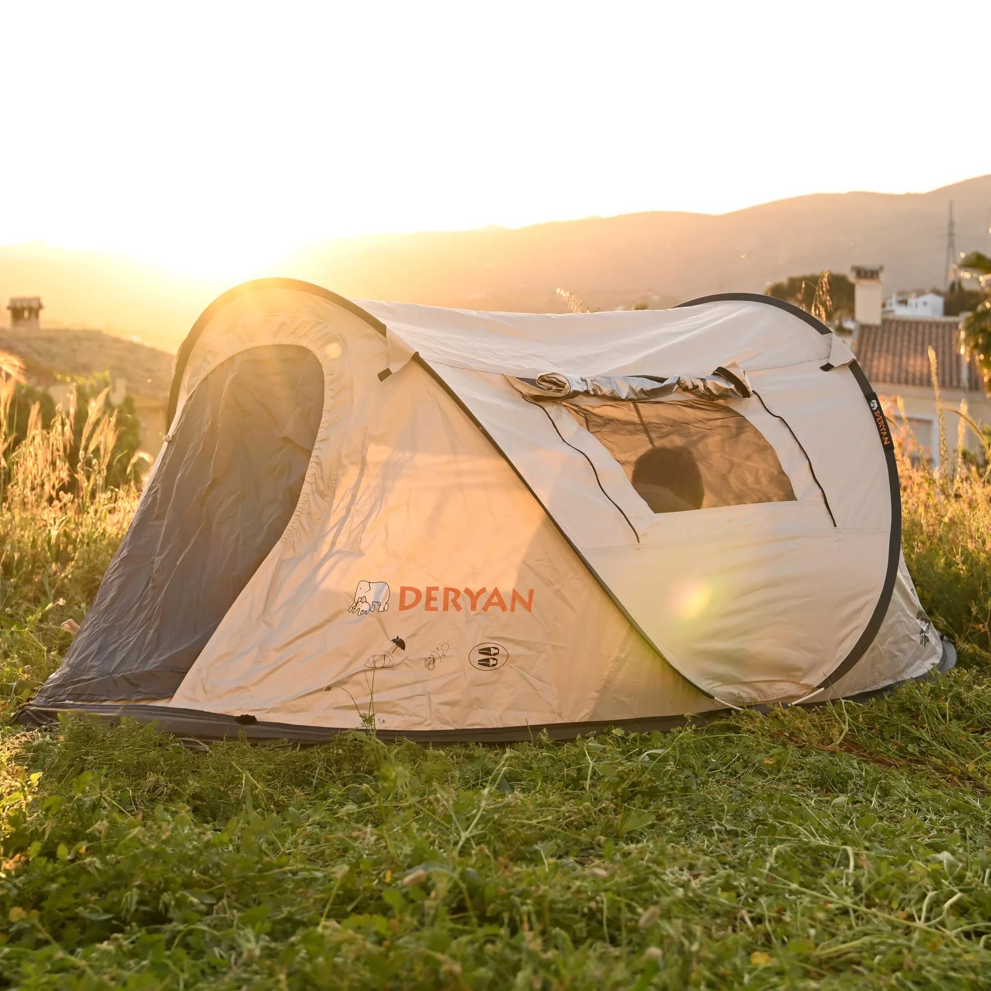 Deryan Tente de Voyage Luxe Dome Tente Pop-Up Tente 2 Personnes Montage en 2 Secondes Anti UV 50+ Imperméable Camping Plage Jardin Crème