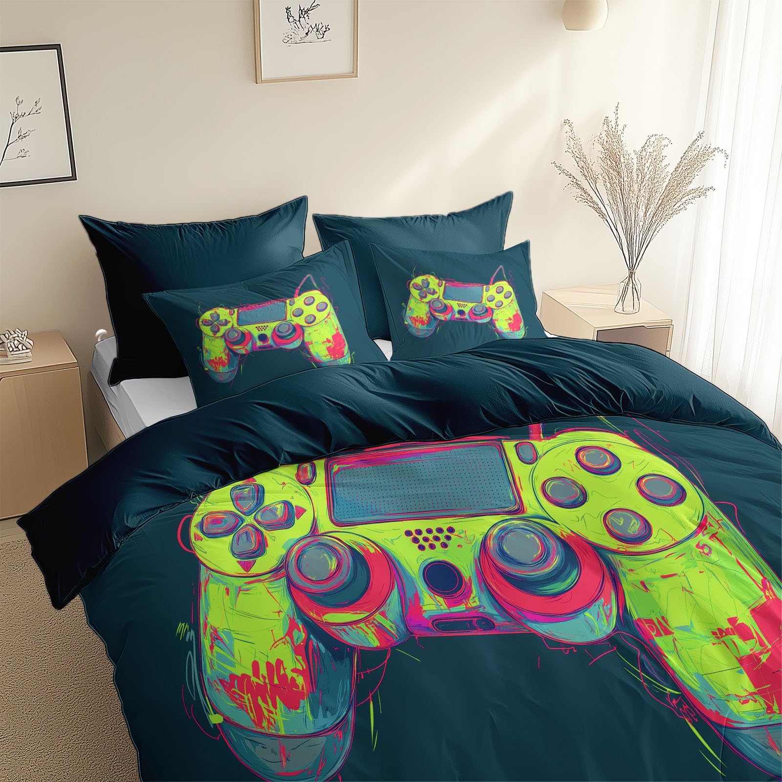 Juego de funda de edredón de 3 piezas, diseño de mandos de gamepad de juegos, 260 x 220 cm, tamaño Super King, funda de edredón de microfibra suave para niños y adolescentes, decoración de dormitorio