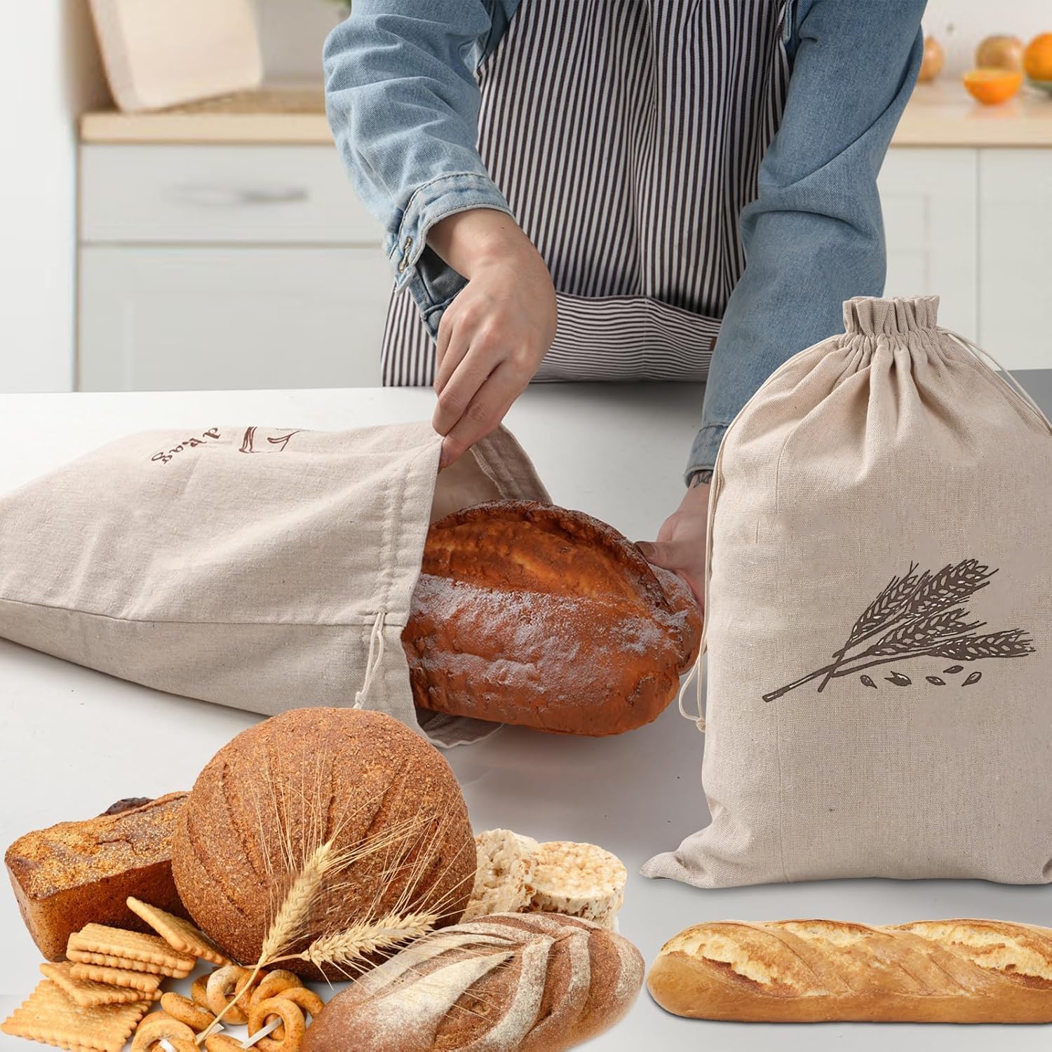 Sac à Pain Tissu Réutilisable 44 x 29 cm avec Cordon de Serrage pour Cuisine, Pain, Fruits et Légumes