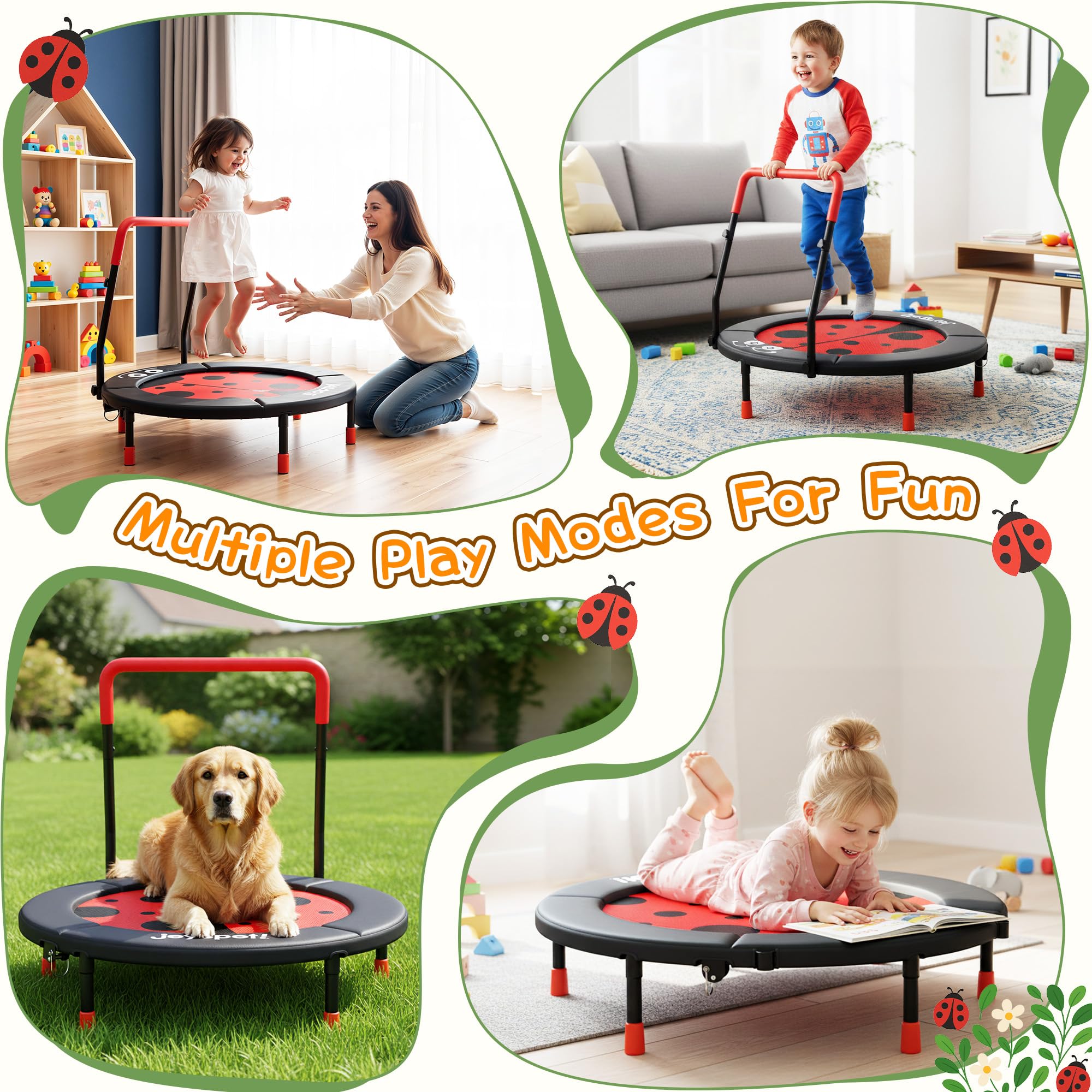 JOY SPOT! Trampolin Kinder Indoor Outdoor, Ø91cm Mini Trampolin mit Verstellbarer Haltegriff, Faltbares Kindertrampolin bis 45 kg, Fitness Rebounder mit Sicherheitspolster für Kleinkind 3-12