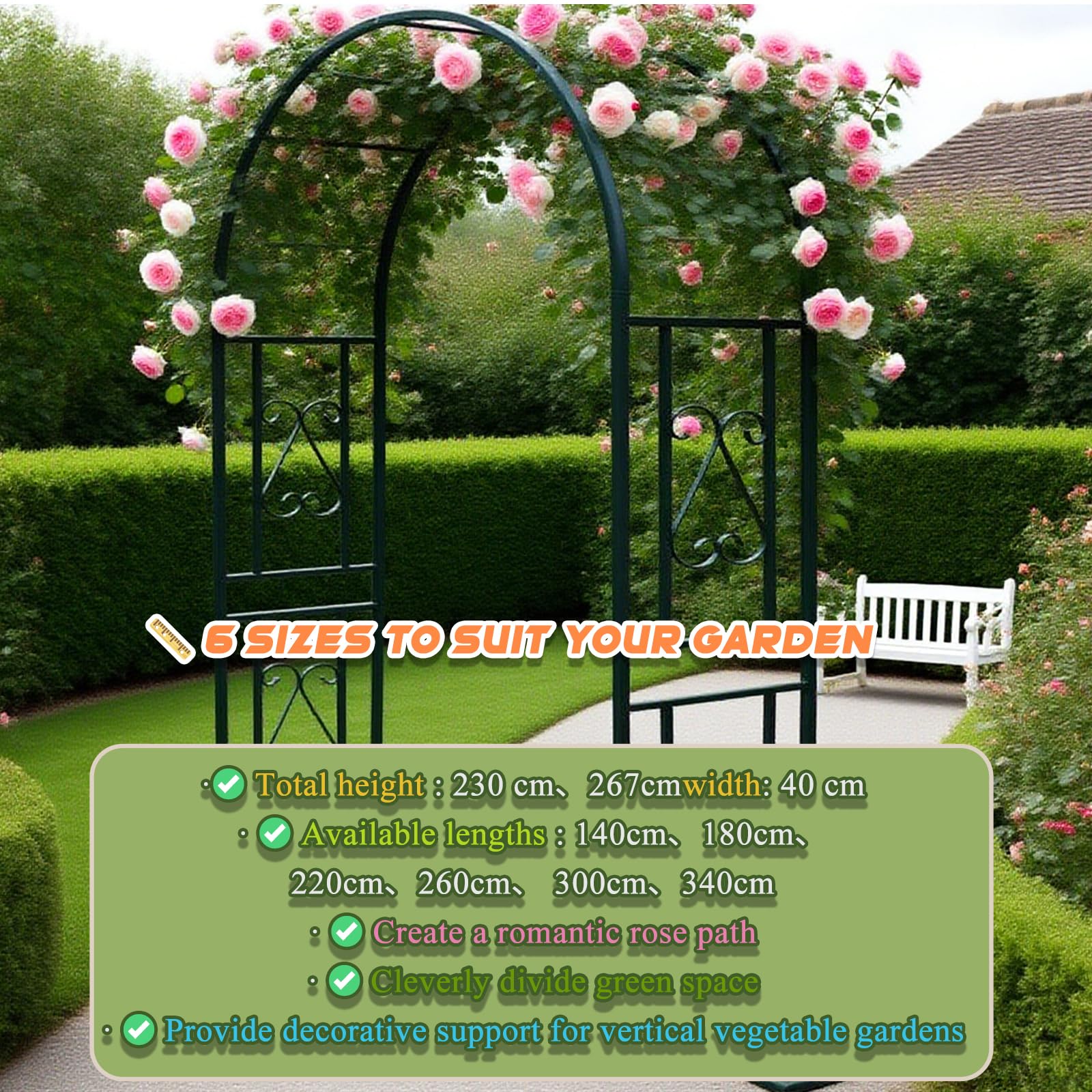 Arco de Rosa,260x230cm Arco Metálico de Jardín,Estructura Resistente a la Intemperie,Ideal para Jardín,Boda y Decoración Exterior(L260xW40xH230cm) Bronce-B