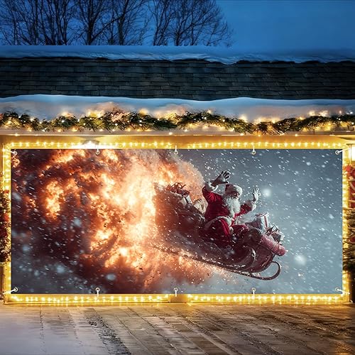 Miniatura 17 de Pancarta de Papá Noel en chimenea de 7 x 16 pies para puerta de garaje – Decoración navideña al aire libre, Papá Noel con saco de regalos bajo luna