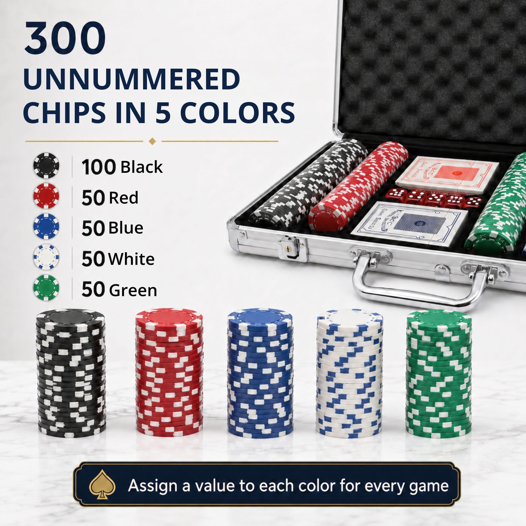 MAGIC SELECT Poker Set Spiel. Pokerset Komplett mit Metallkoffer 300 Pokerchips, 2 Kartendecks, 5 Würfel, Dealer Button und Schlüssel. Pokerkoffer für Zuhause, Partys und Spieleabende