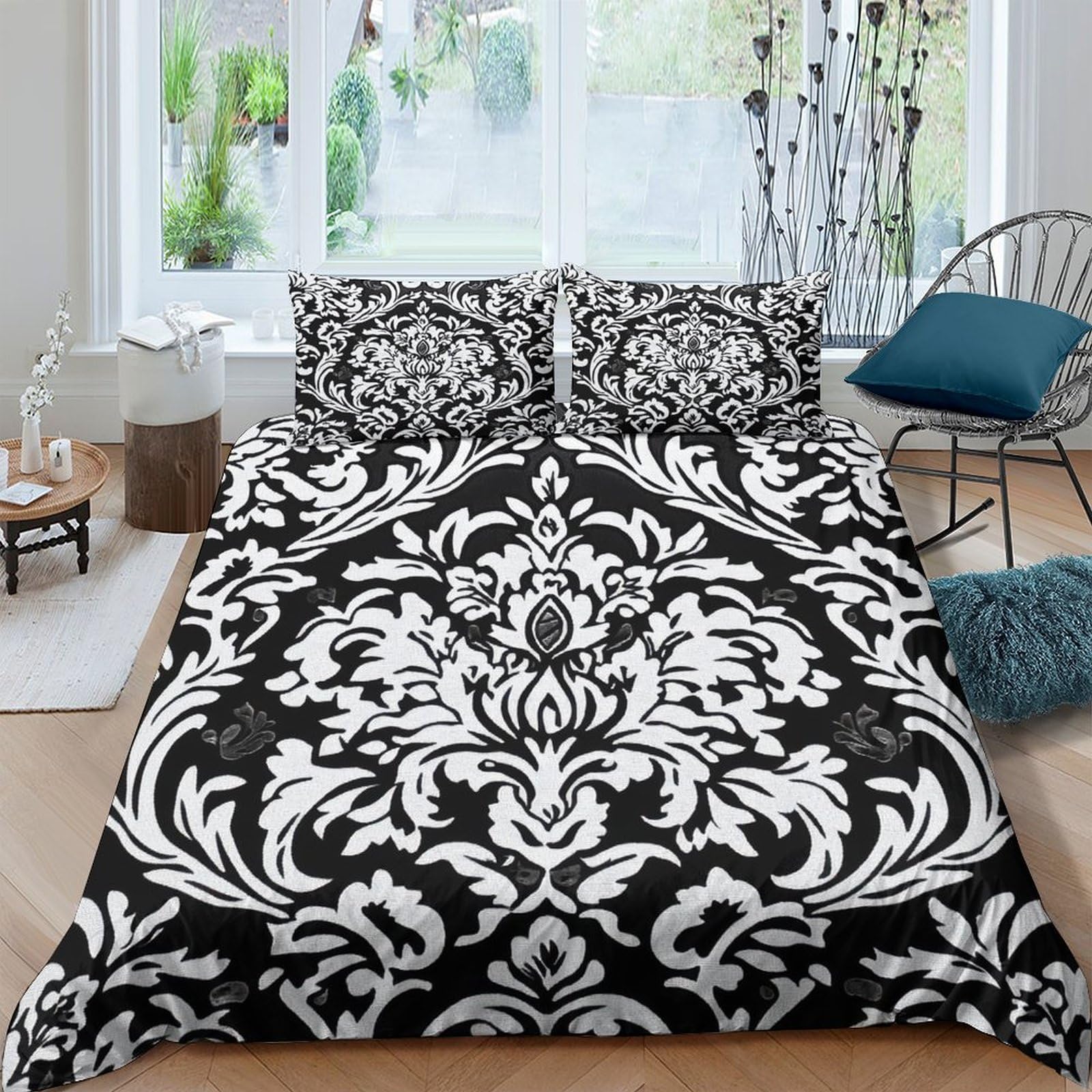 Ctjqhvkz Style-4 3D Printed Baroque Black White Fitted Sheet Microfiber Soft Breathable Damask Bed Cover For Bedroom Decor Single（135X200cm）