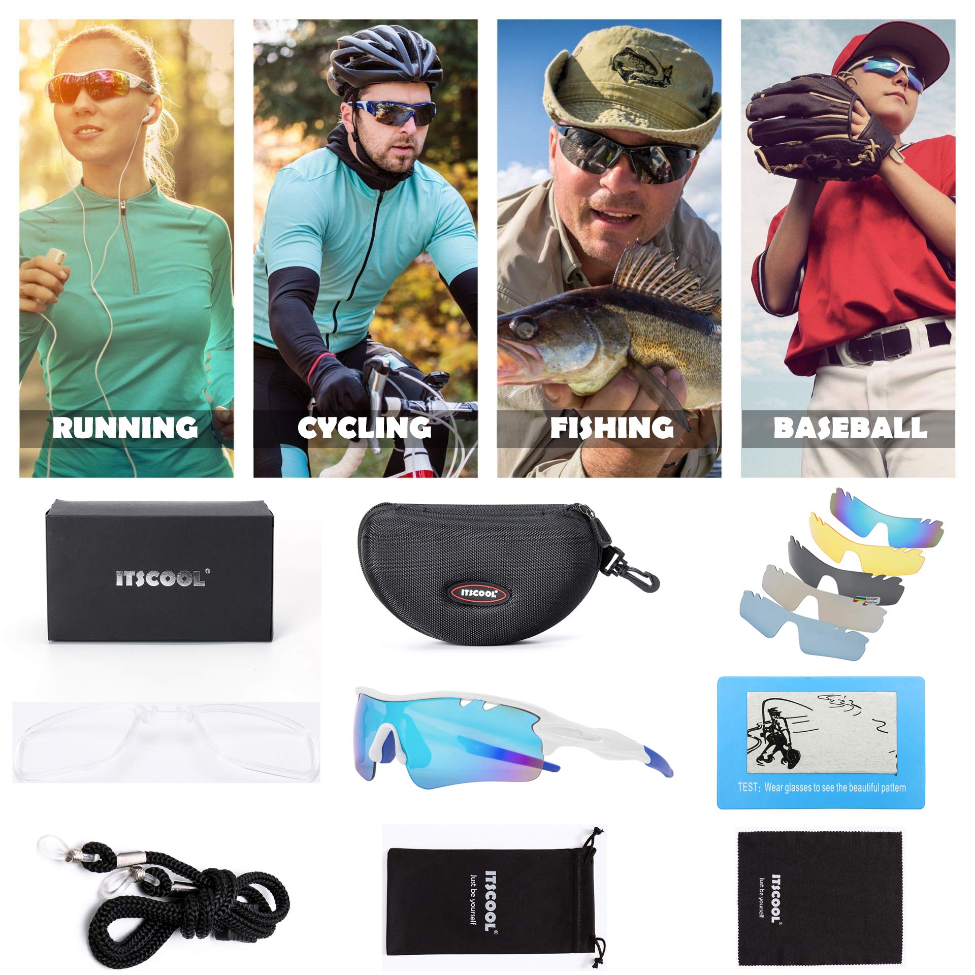 Itscool Occhiali da sole sportivi polarizzati per uomo e donna con 5 lenti intercambiabili per golf, baseball, corsa, ciclismo, occhiali bianchi e blu