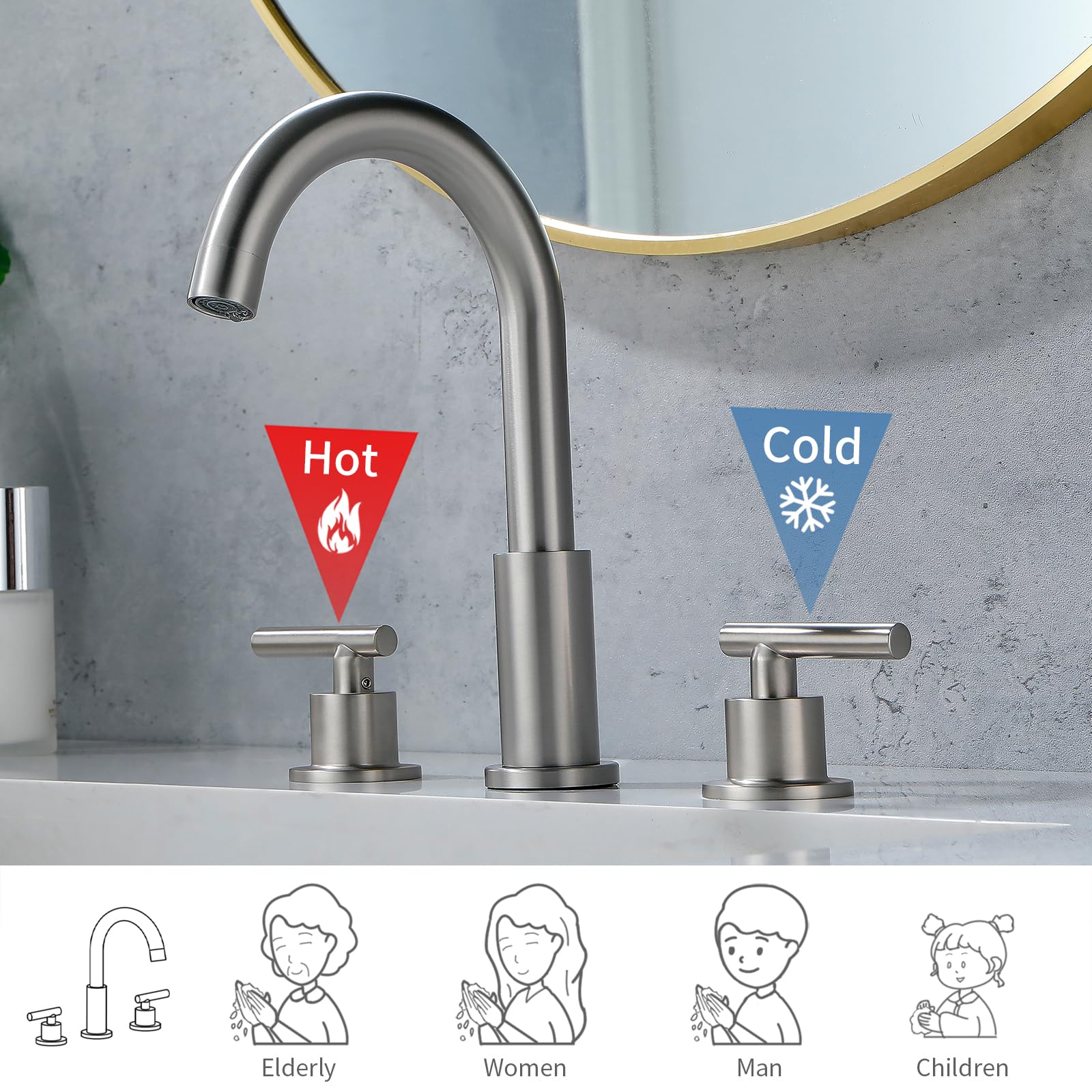 Sanliv Wasserfall-Badezimmerarmatur (gebürstetes Nickel) – Für 3-Loch-Waschtische, Mit Pop-Up-Ablauf