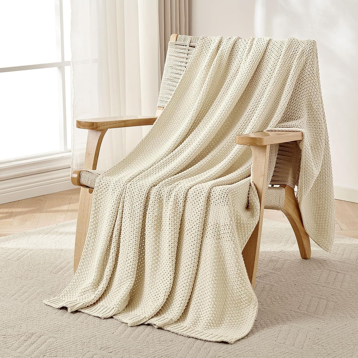 Joydeco Chunky Cable Knit Throw Blanket, Lightweight 100% Cotton Soft Cozy Throw Twin Blanket for Couch Bed and Sofa, Rustic Breathable Farmhouse Blanket Gift for Women Men(Cream White, 51"x63")