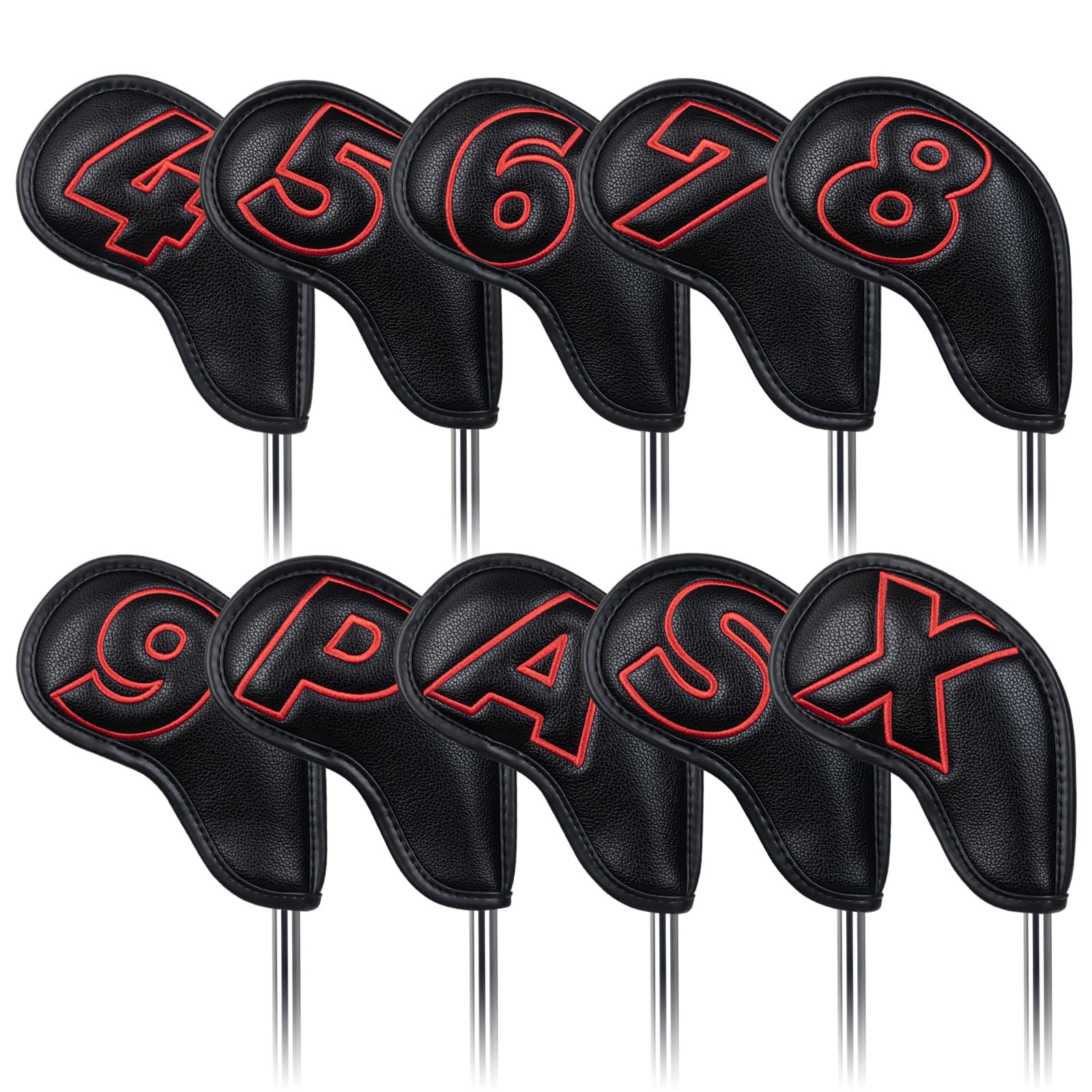 Craftsman Golf 10pcs Red No. on Both Sides Magnetic Closure Classic Black Leather Iron Headcover Covers Set Travel Cases Protector Available Custom with Name