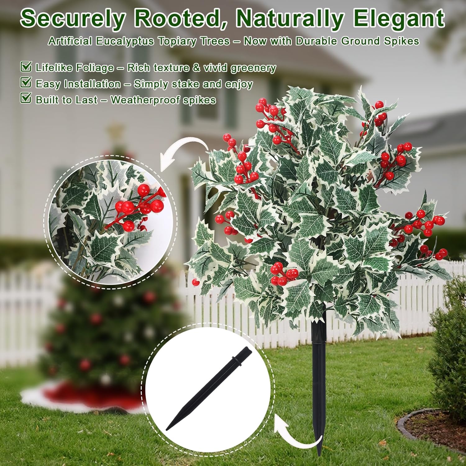 Artificial Topiary Ball Trees, 2 Pack 28'' UV Artificial Cedar Topiary Ball Trees, Outdoor Indoor Decorative Evergreen Plants with Ground Spikes for Patio Garden Porch Christmas Decor