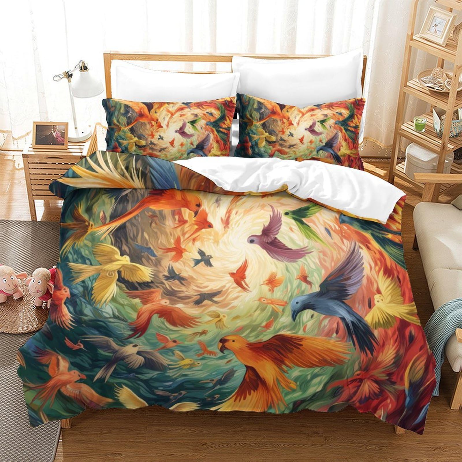 Housse de couette 260x220 oiseaux ensemble de literie microfibre avec taie d'oreiller