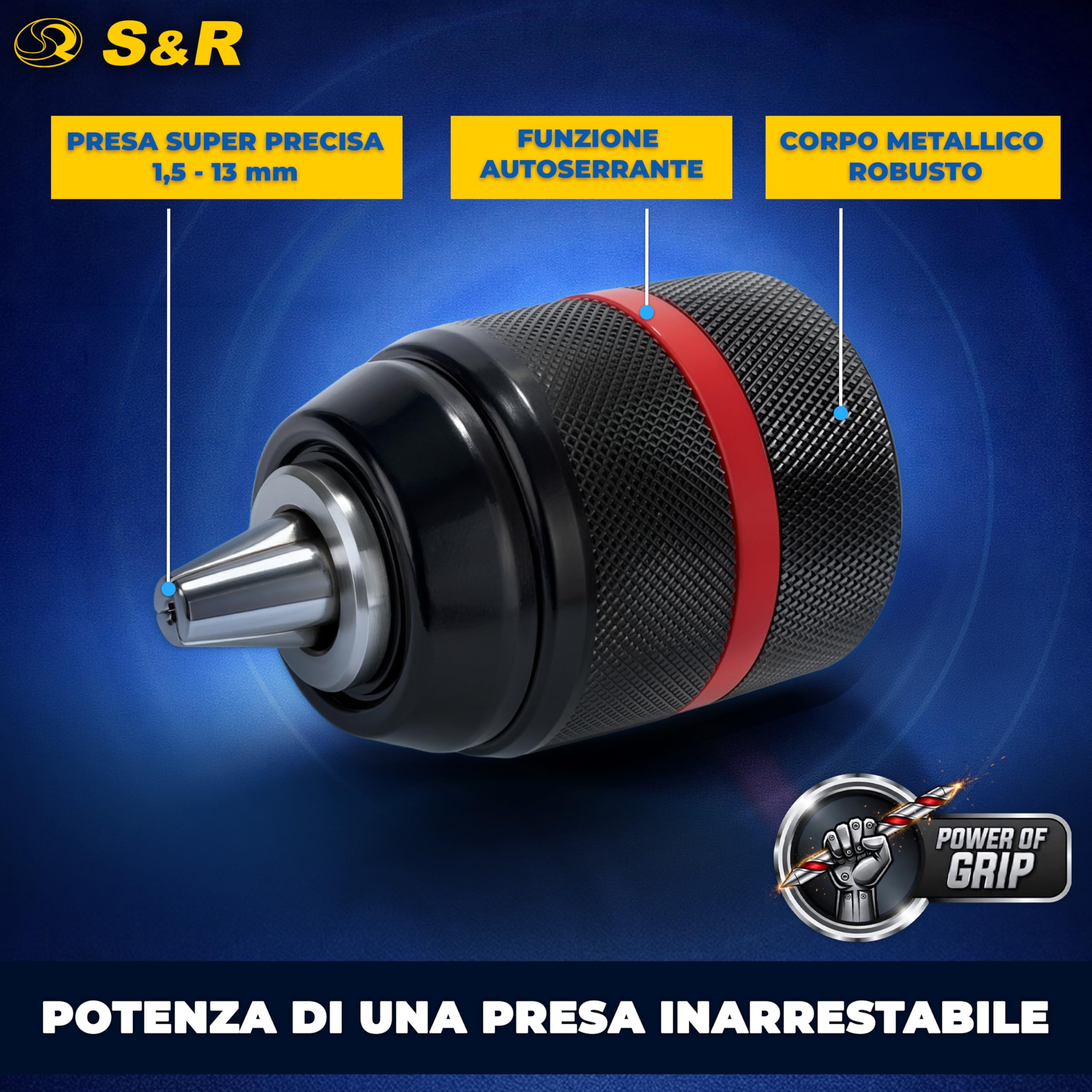 S&R Mandrino Trapano Autoserrante SDS-Plus. Mandrino per Avvitatore a Chiusura Rapida 1.5-13 mm 1/2" - 20UNF - Filettatura M12 - Adattatore sds-plus e Adattatore 1/4" Esagonale.