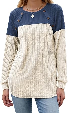 Famulily Womens Ribbed Knit Long Sleeve Crew Neck Sweatshirts Casual Colorblock Button Detail Tunic Tops