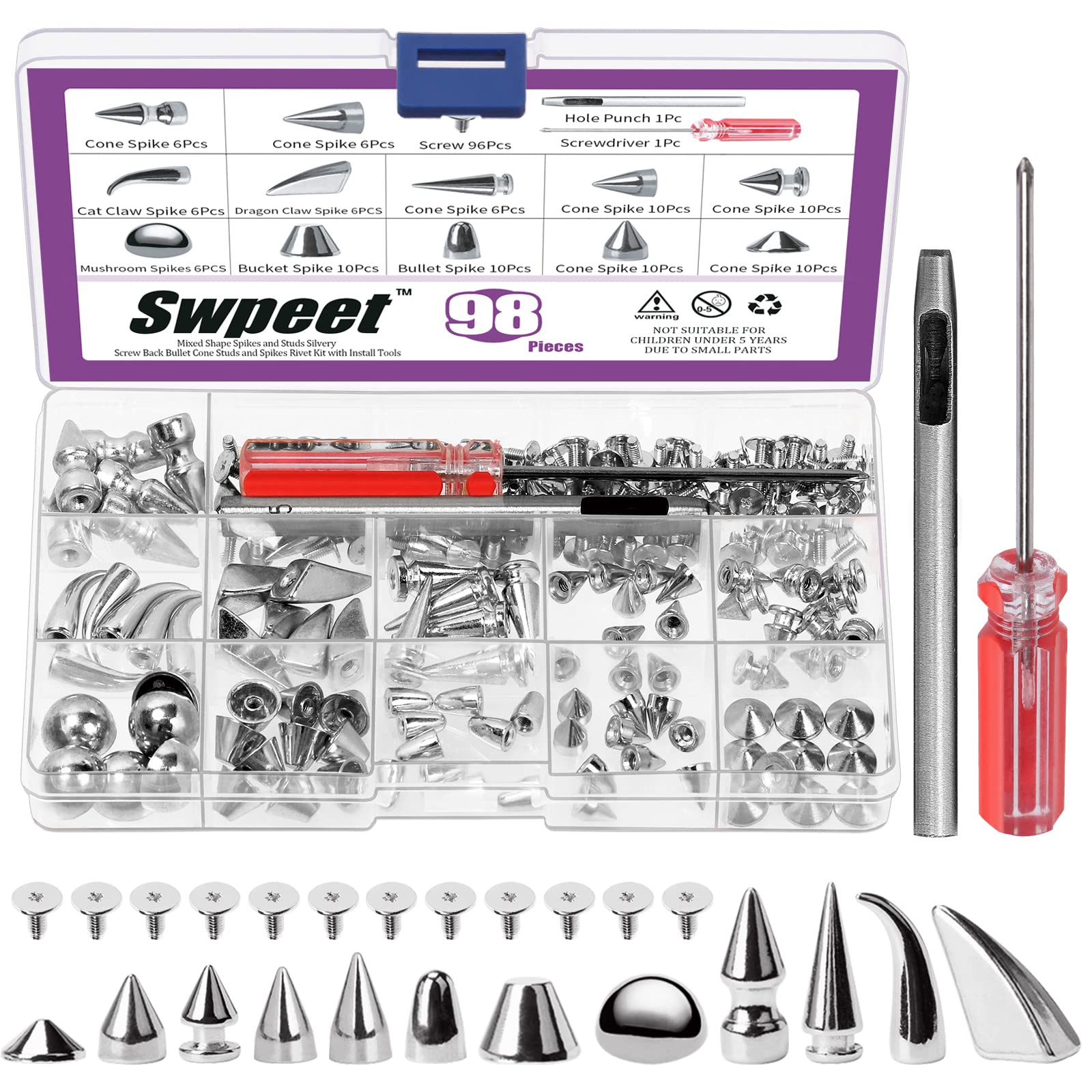 96 Sets 12 Styles Silver Mixed Shape Spikes and Studs Metal Screw Back Bullet Cone Studs and Spikes Rivet Leather Rivets Kit with Install Tools for DIY Craft Leather Craft Repairs Decoration