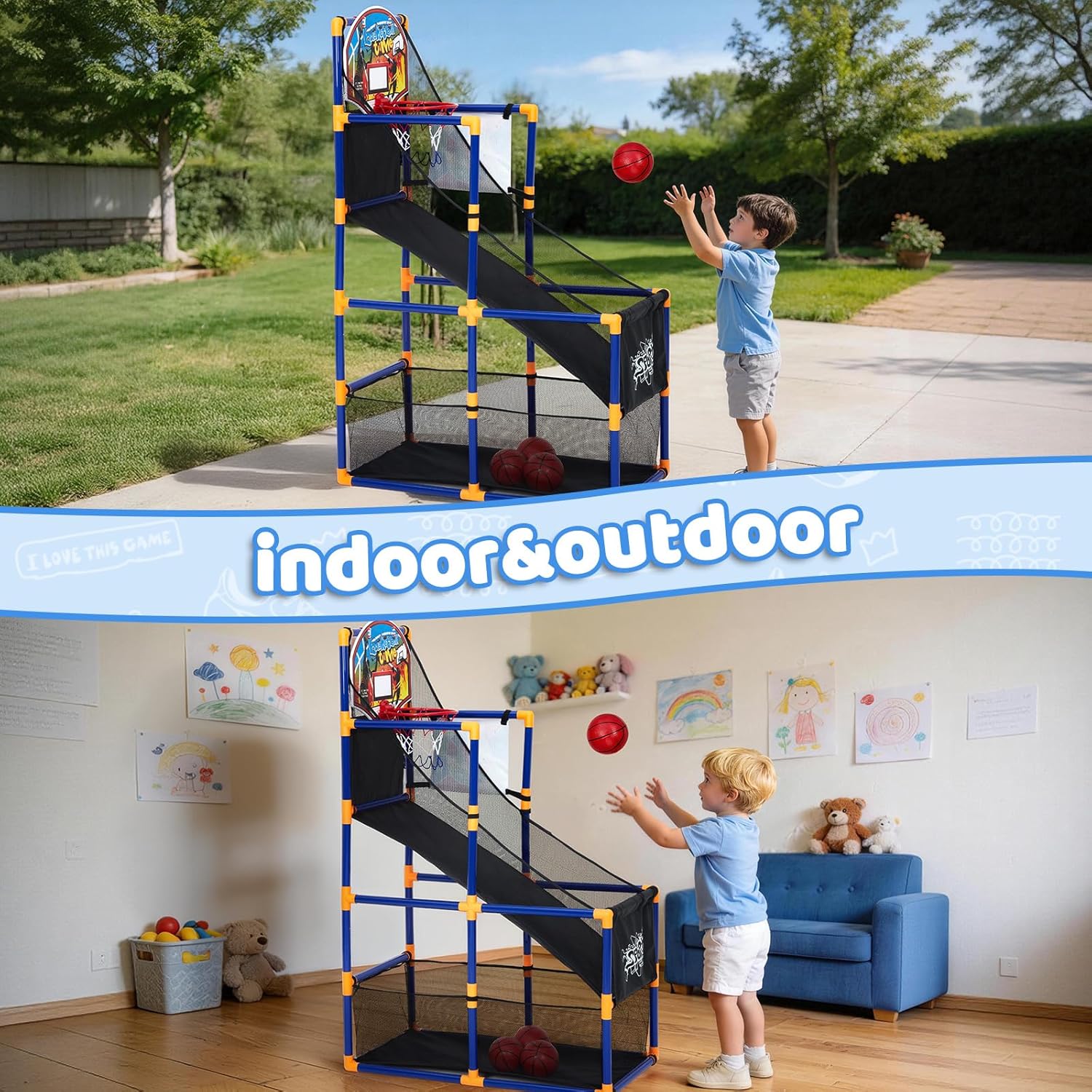 2-in-1 Kids Basketball Arcade Game Set with 4 Balls & 6 Sticky Toss Balls – Indoor & Outdoor Basketball Hoop and Dart Game, Height Adjustable Sports Toy with Ball Return Ramp for Boys & Girls Ages 3+