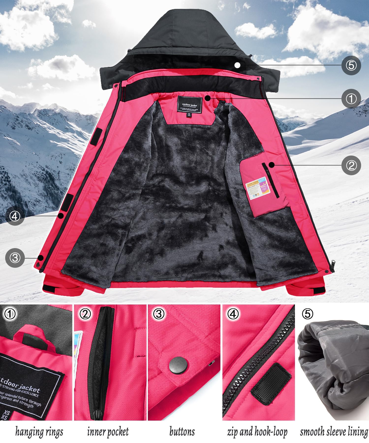 TACVASEN Damska wodoodporna kurtka zimowa narciarstwo outdoorowe spacery polar płaszcz z odpinanym kapturem